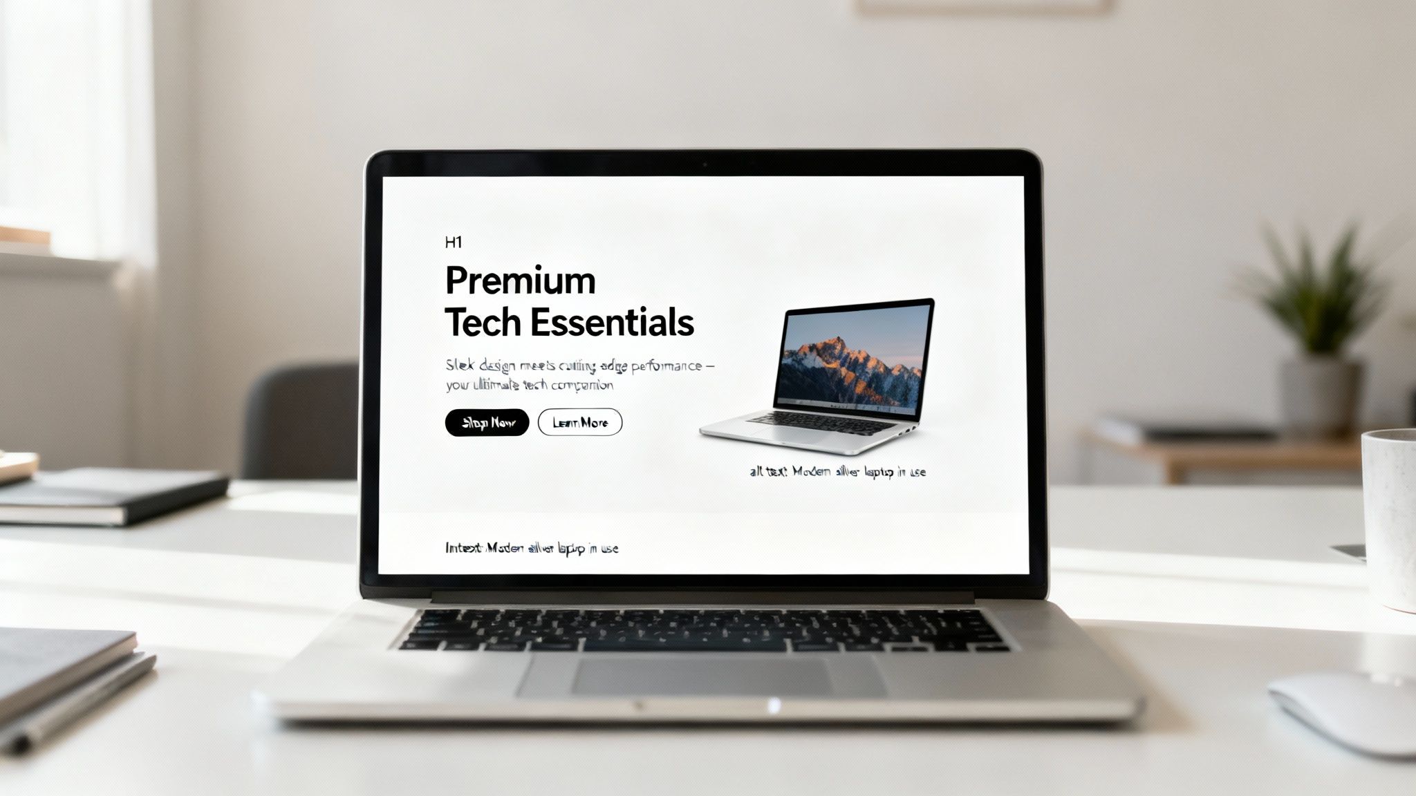 A silver laptop on a modern desk displays a website for 'Premium Tech Essentials'.