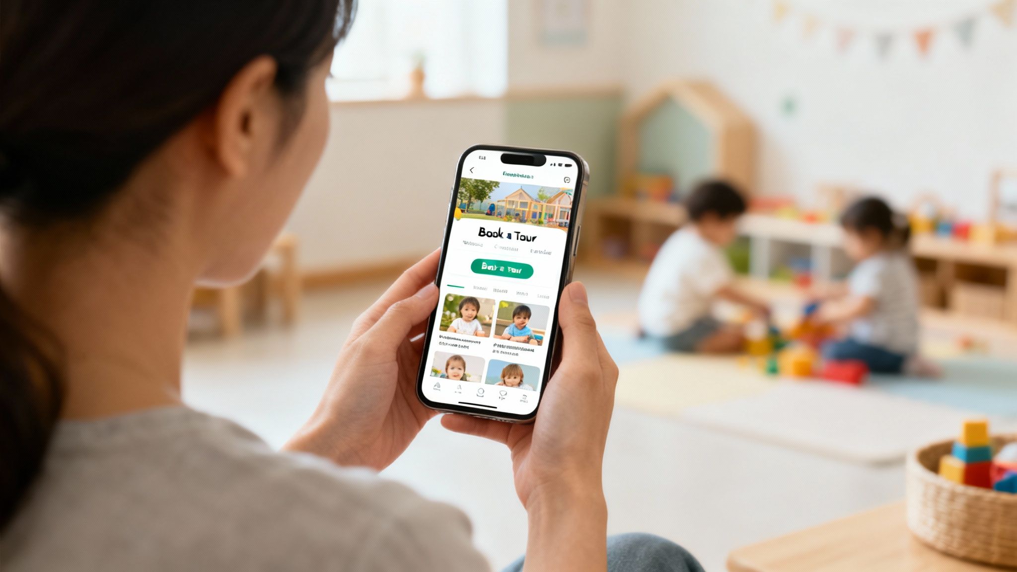 A parent and child happily looking at a tablet together, representing online childcare research.