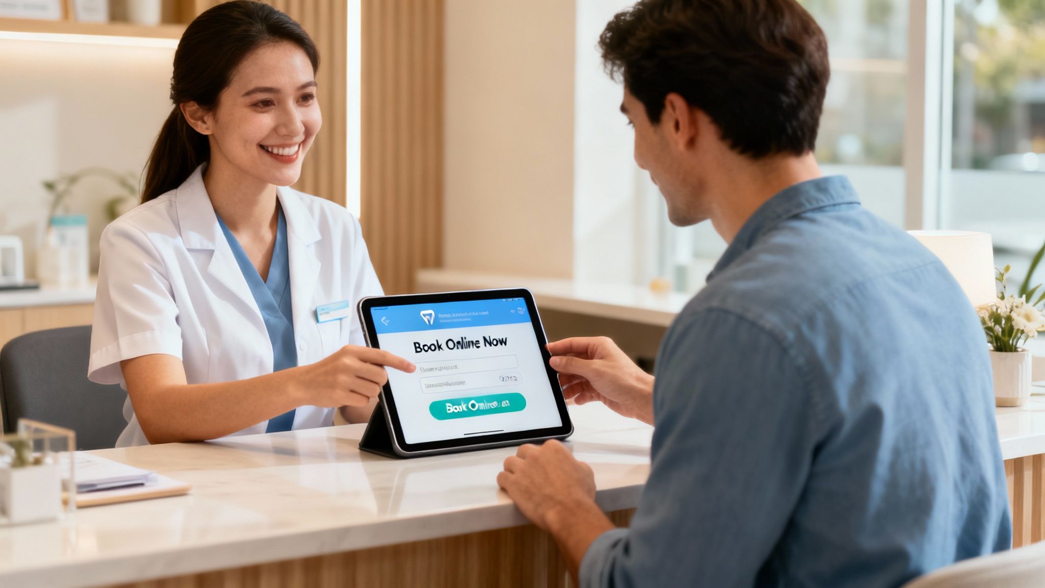Smiling dental professional assists a male patient with online appointment booking on a tablet at a modern clinic.