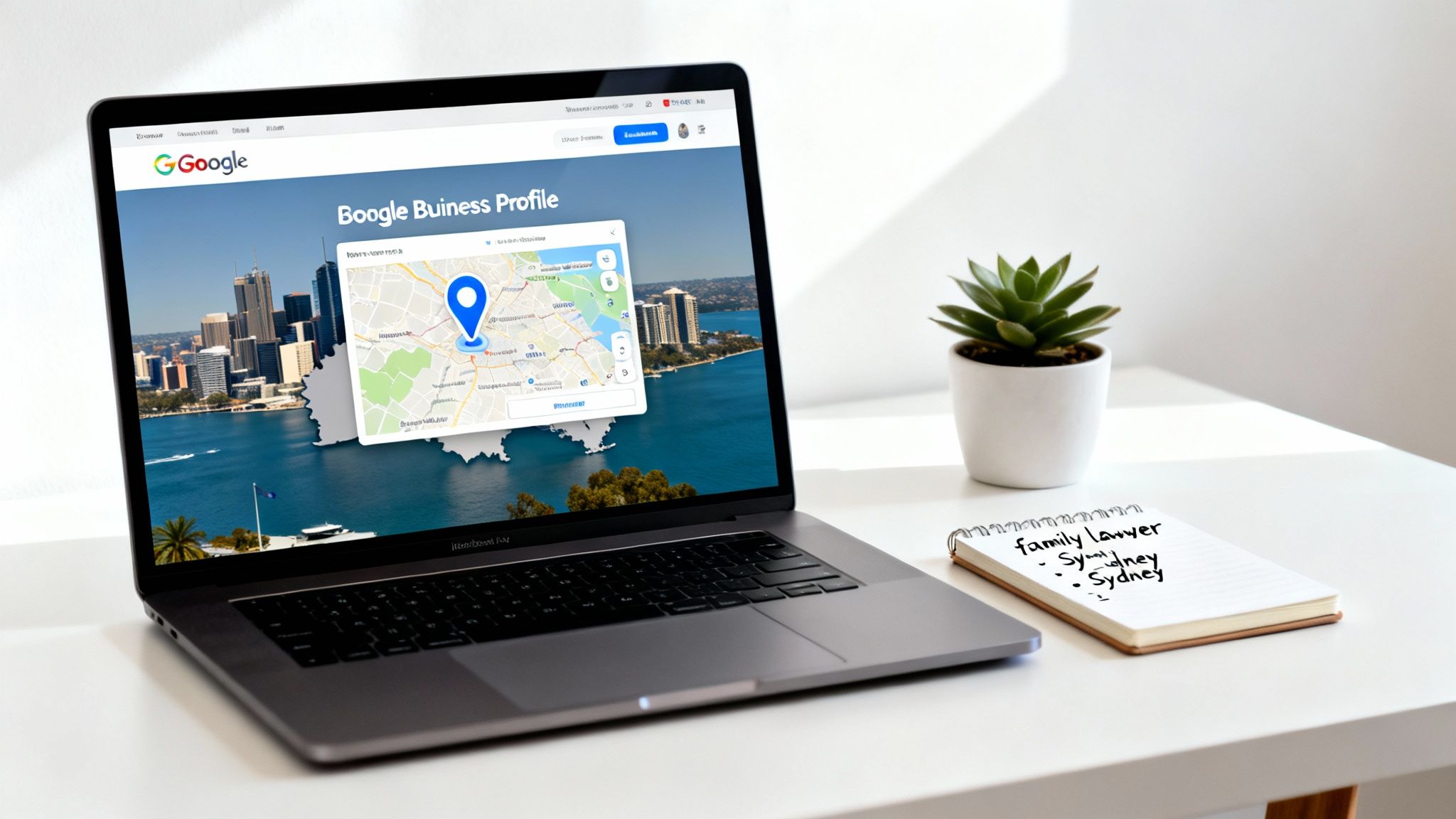 Laptop displaying 'Boogle Business Profile' and map, succulent plant, and notepad with 'family lawyer Sydney' on a desk.