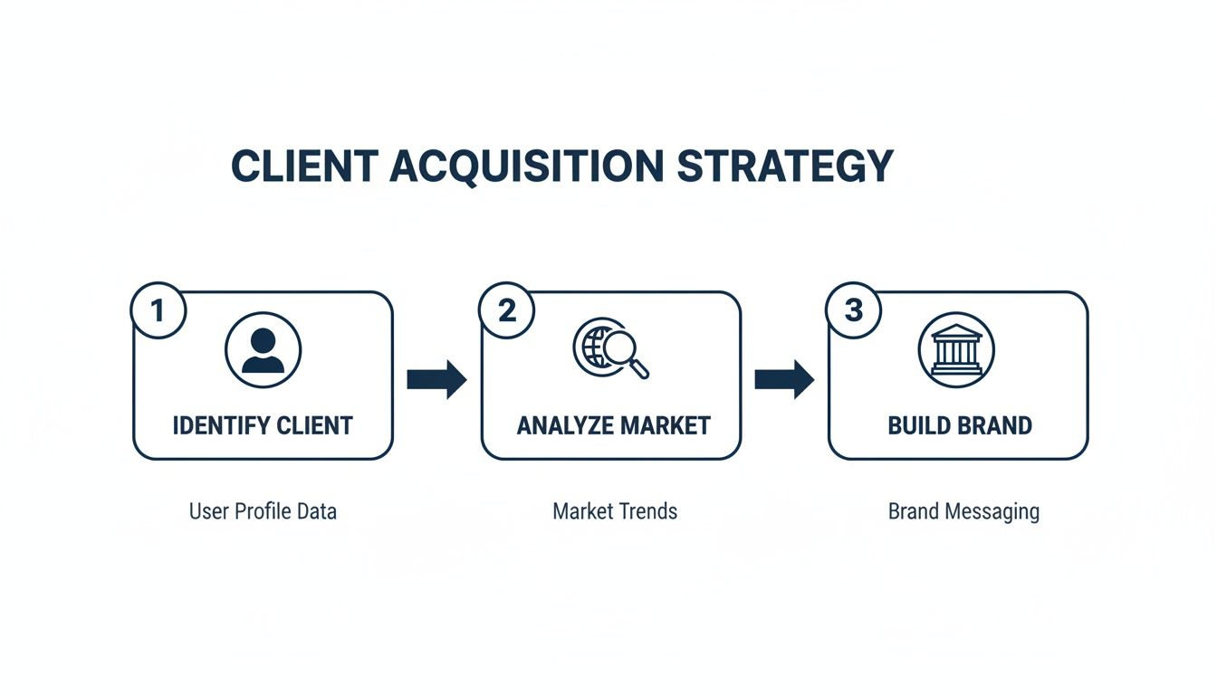 Flowchart outlining a three-step client acquisition strategy: identify client, analyze market, and build brand.