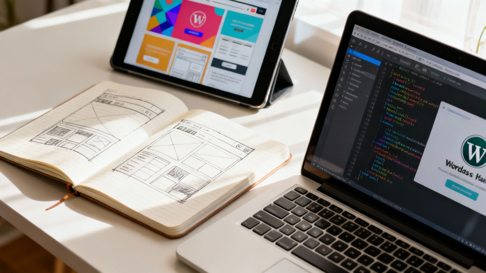 A team collaborating around a table with laptops and design mockups, illustrating the web design process.