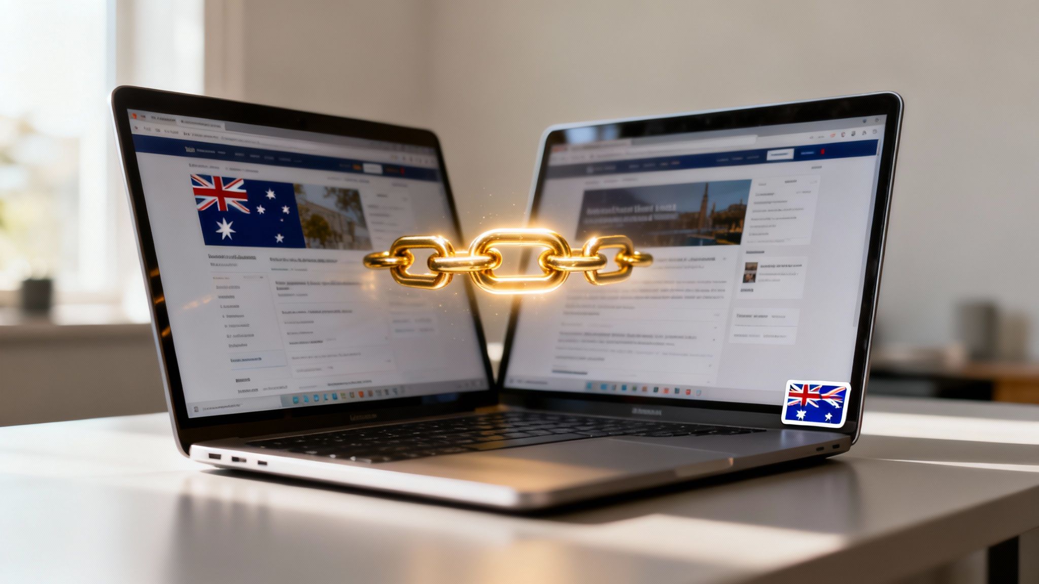 Two laptops on a white desk are linked by a glowing golden chain, displaying the Australian flag.