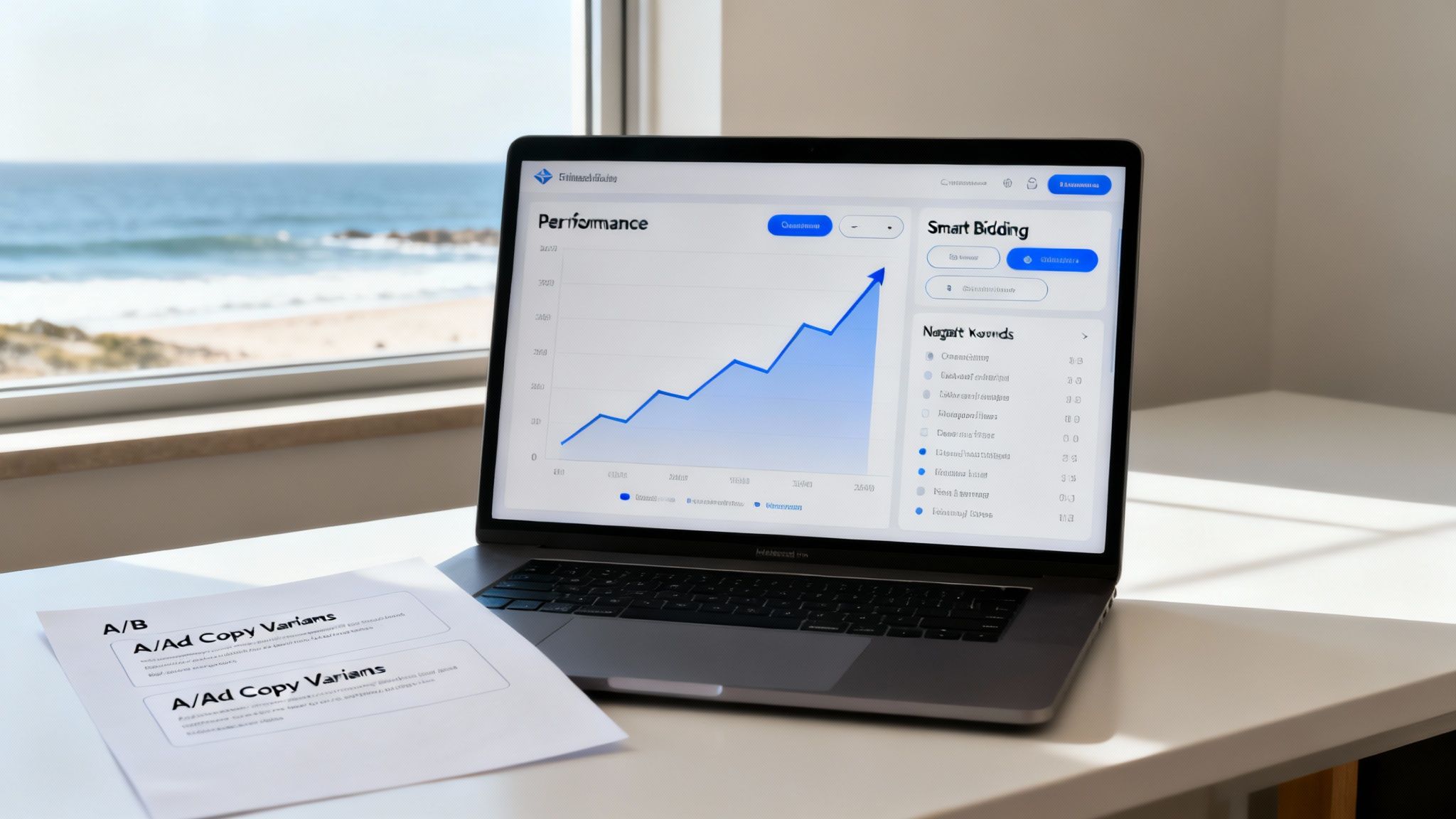 Laptop displaying an ad performance graph and smart bidding settings with A/B test documents and ocean view.