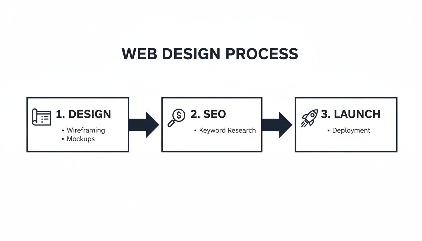 A flowchart illustrates the three-step web design process: Design, SEO, and Launch.