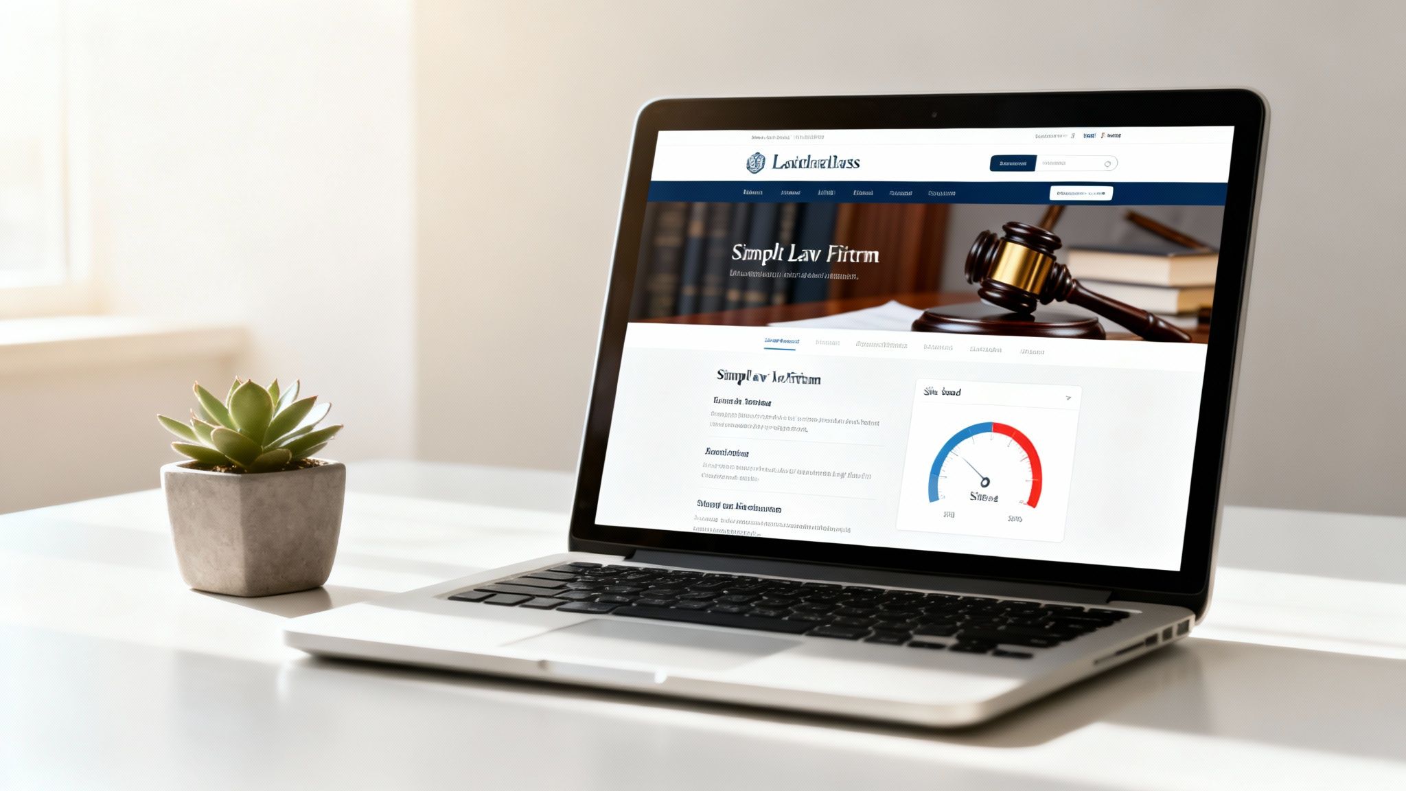 A laptop on a white desk displays a law firm website with a gavel icon, beside a succulent plant.
