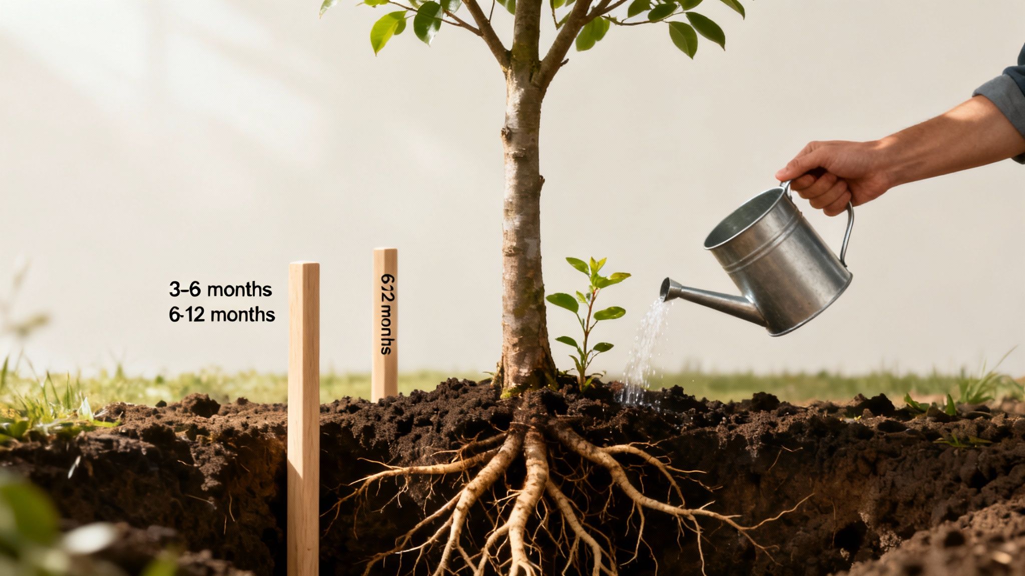 A hand waters a young tree with visible roots, next to wooden markers indicating timeframes for growth.