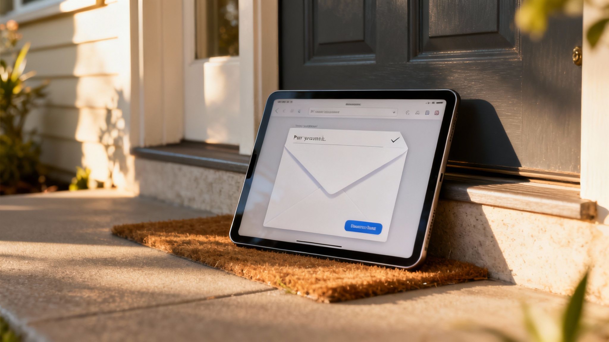 A tablet displaying an email icon with a checkmark rests on a doormat by a house door.