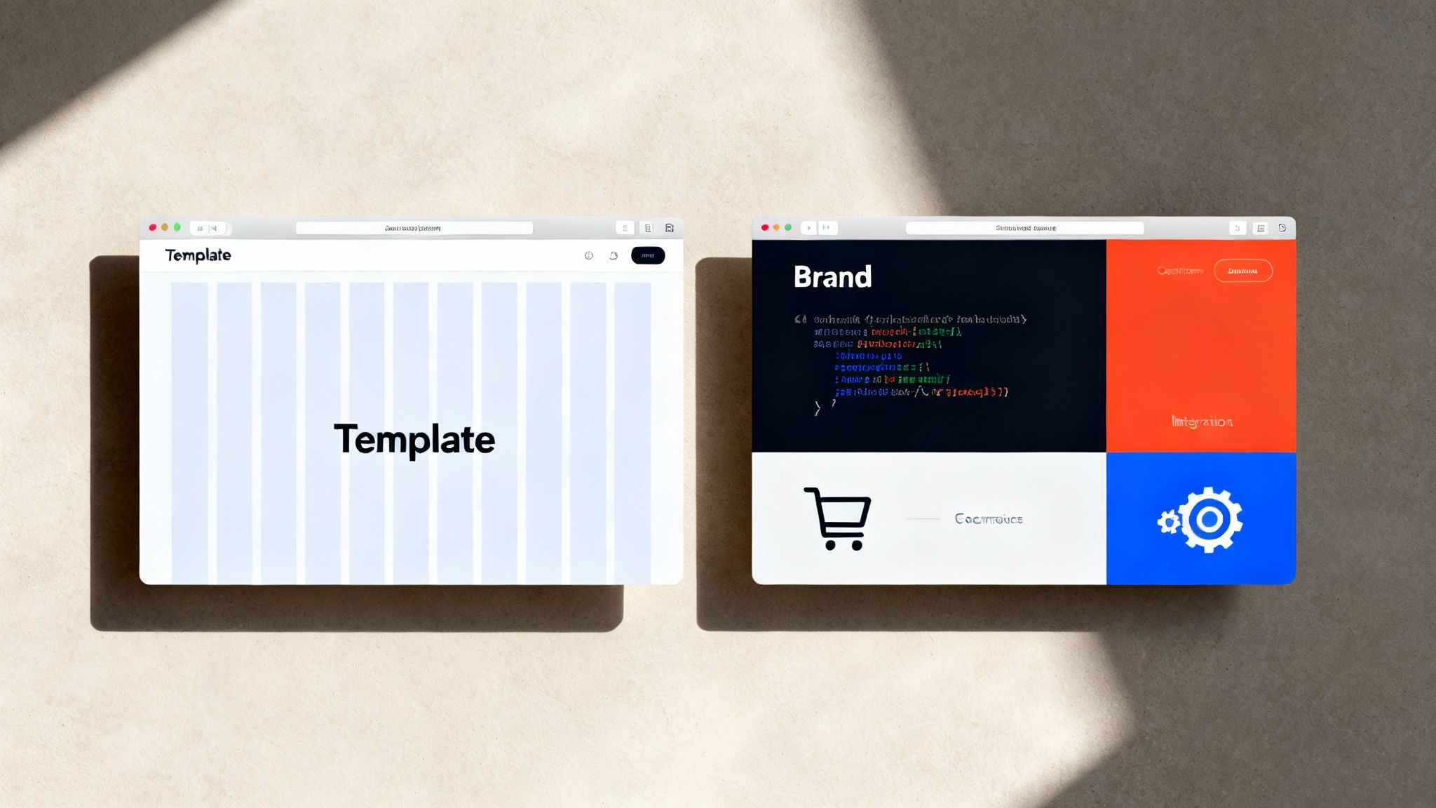 Two browser windows showcasing different website design concepts: a grid layout template and a detailed web page.