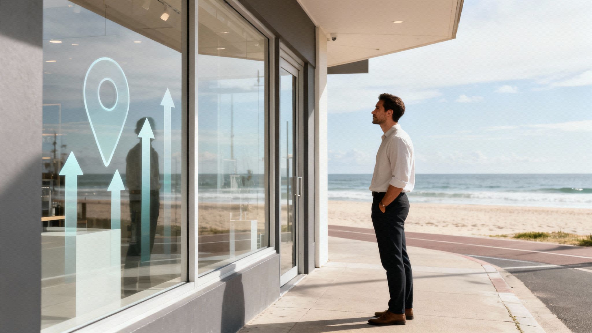 Businessman looking at a shop window with digital marketing growth graphics and a beach in the background.