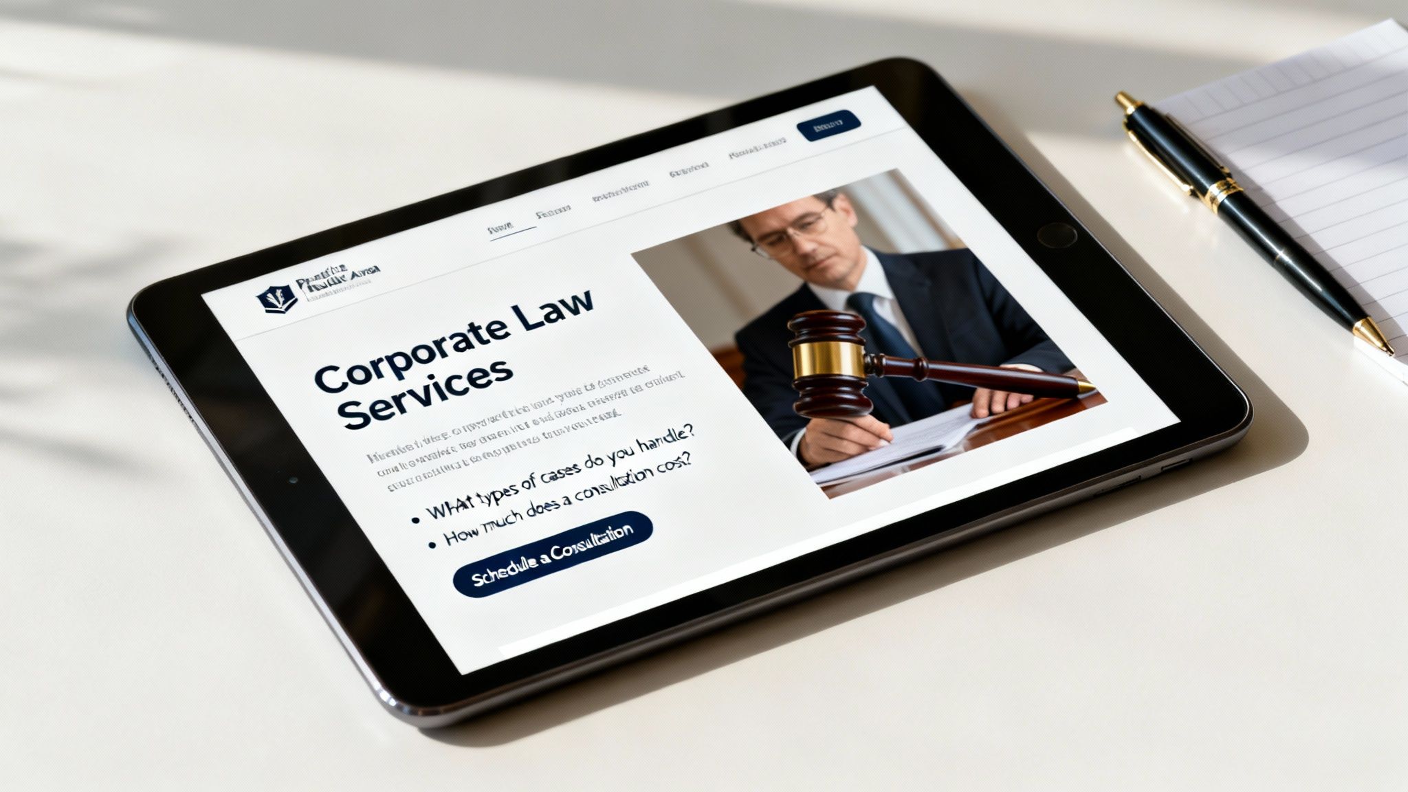 Tablet displaying corporate law services website with consultation button and professional judge image