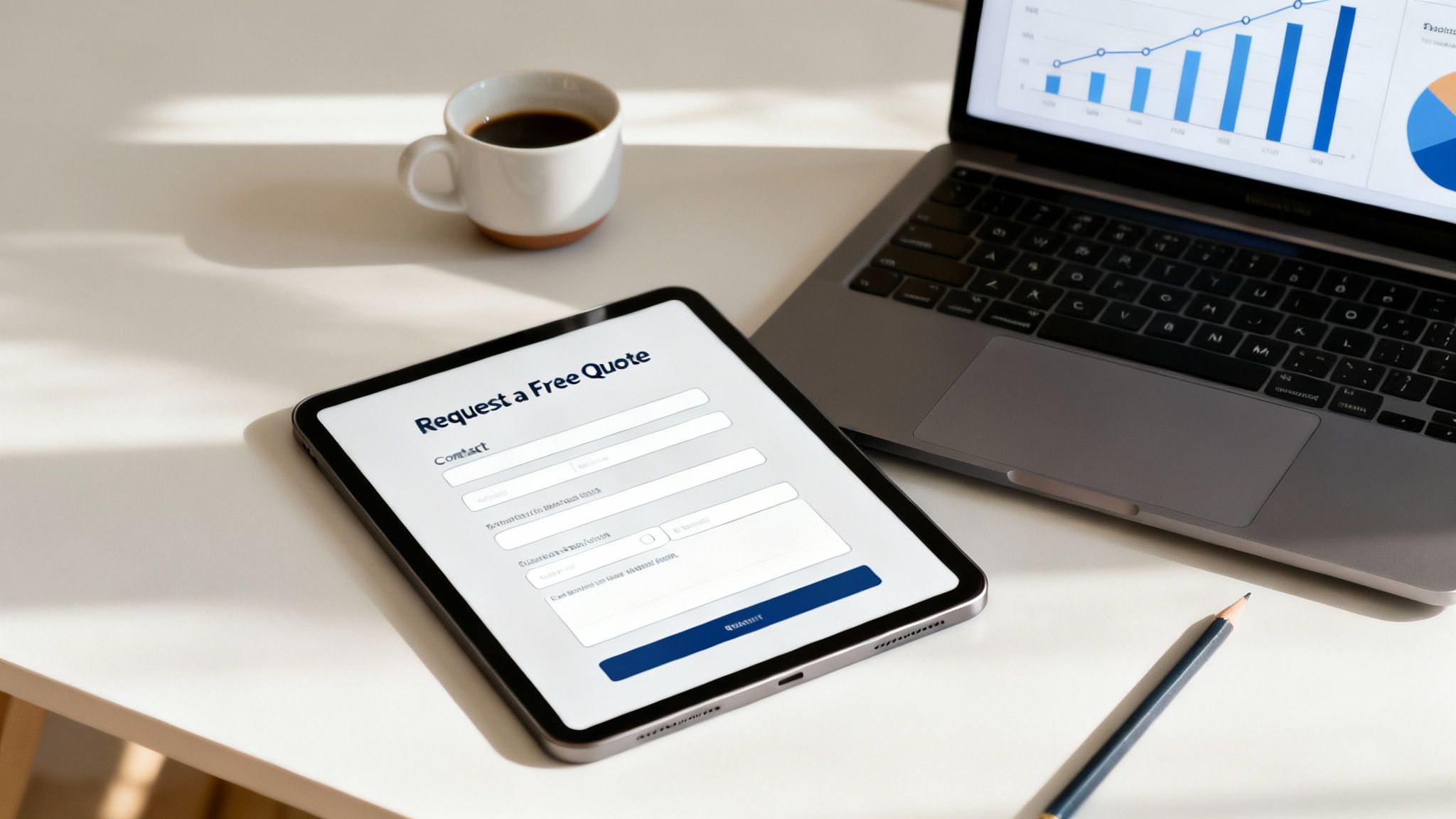 Tablet displaying a 'Request a Free Quote' form, laptop with charts, coffee, and pencil on a white desk.
