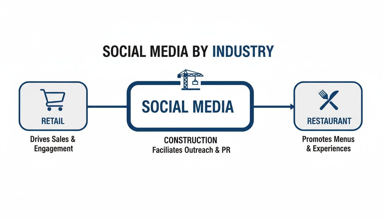 Infographic showing how social media is used across retail, construction, and restaurant industries.