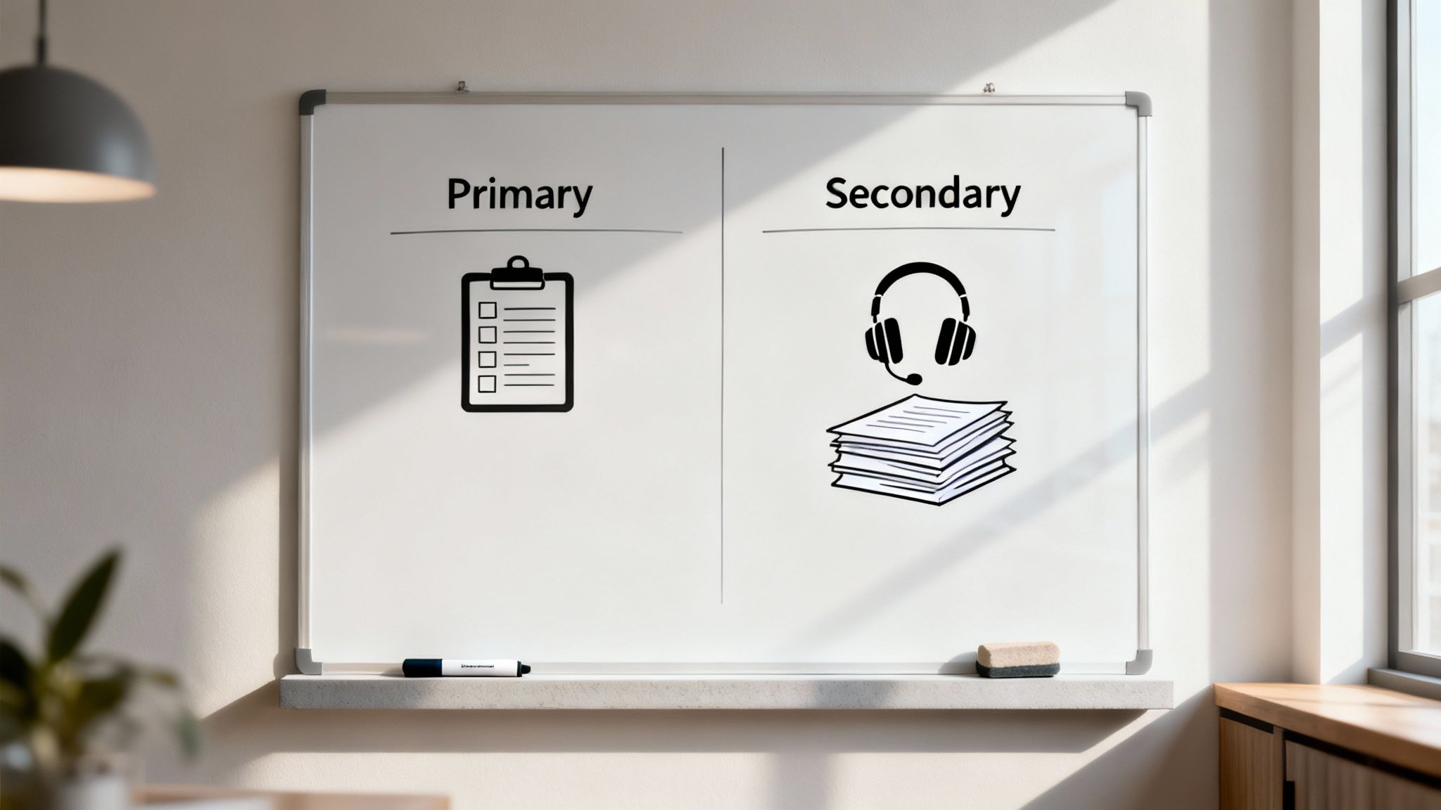 Whiteboard dividing primary and secondary market research methods with clipboard and headphones icons