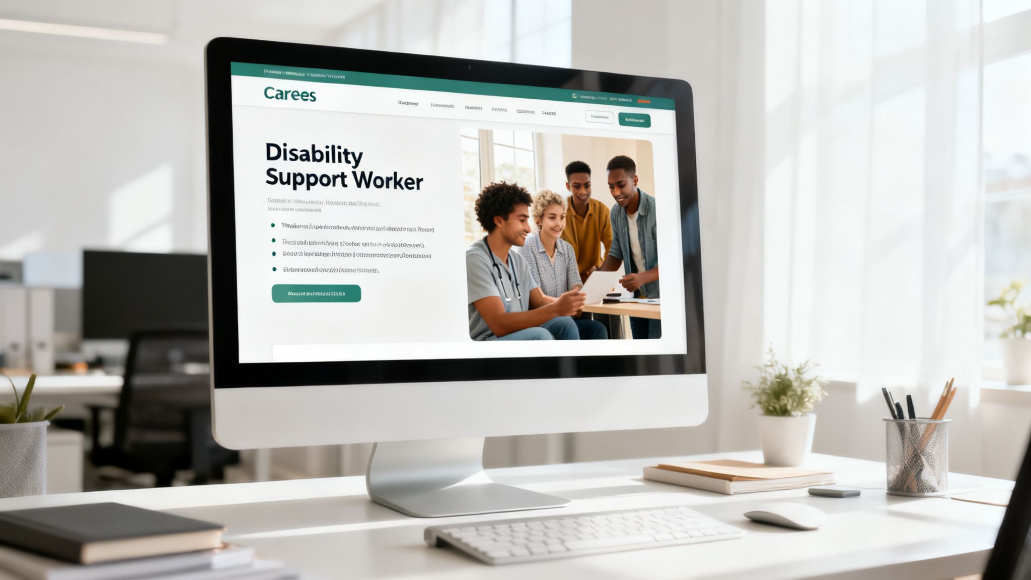 Computer displaying 'Carees Disability Support Worker' website with young professionals collaborating on a document.