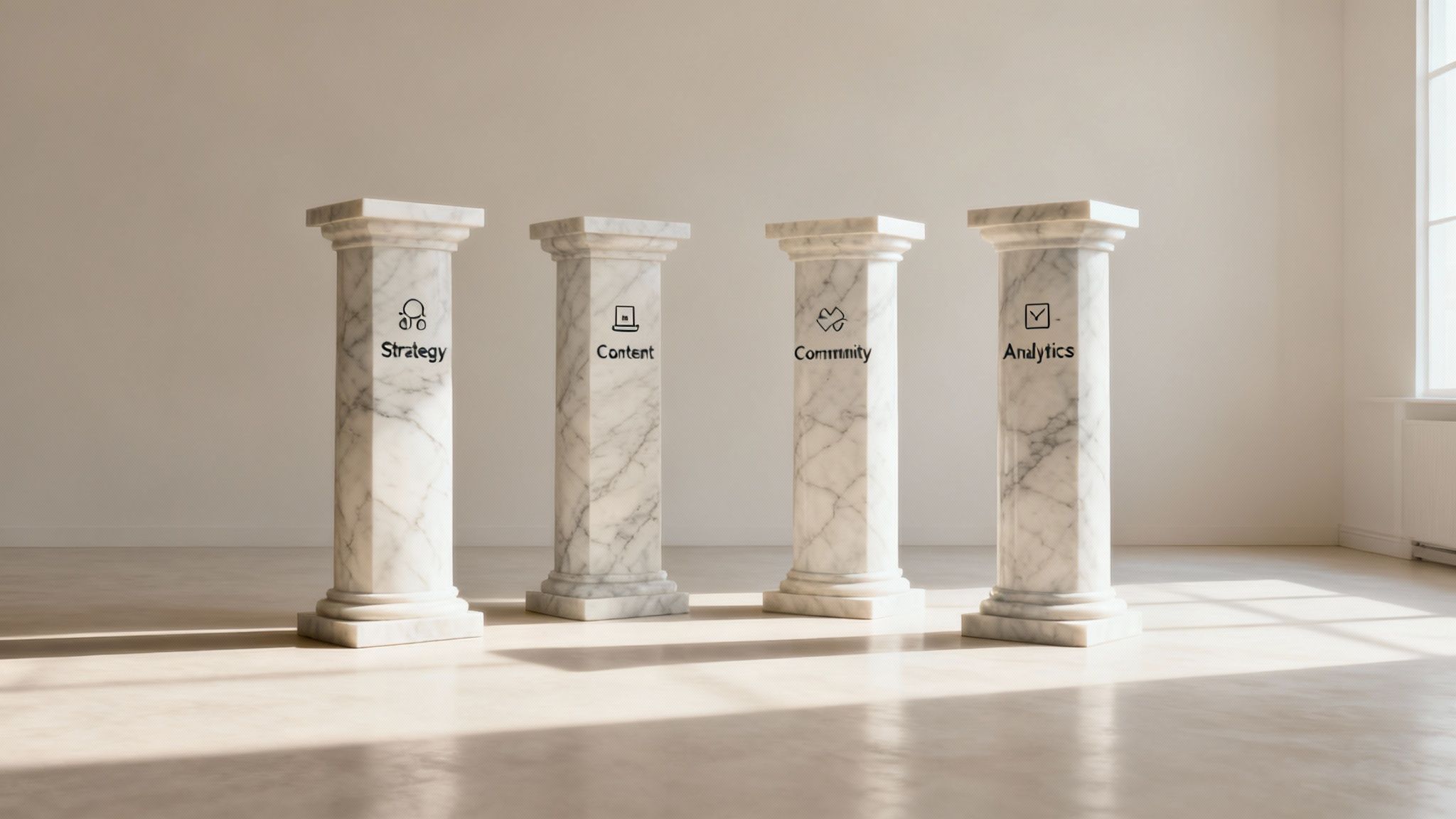 A visual representation of the four pillars of social media strategy: Planning, Content, Engagement, and Analytics.