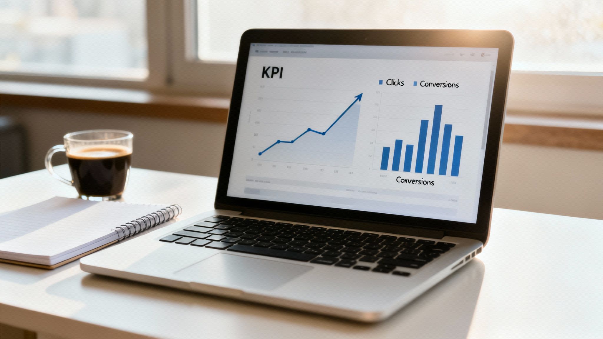 A laptop displays a KPI dashboard with clicks and conversions graphs, next to a coffee cup and notebook.