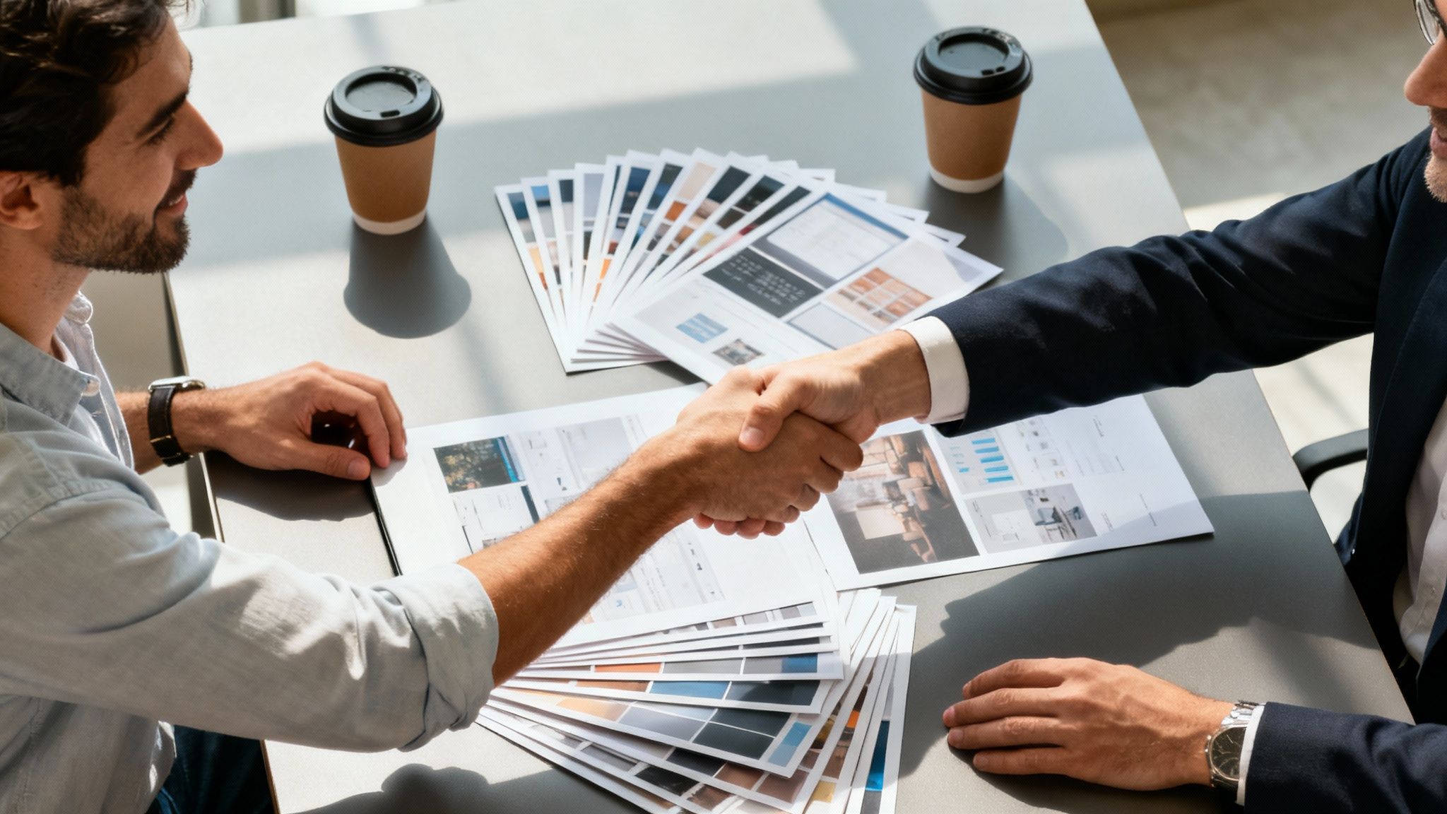 Two web developers working together at a desk, with code visible on their monitors.