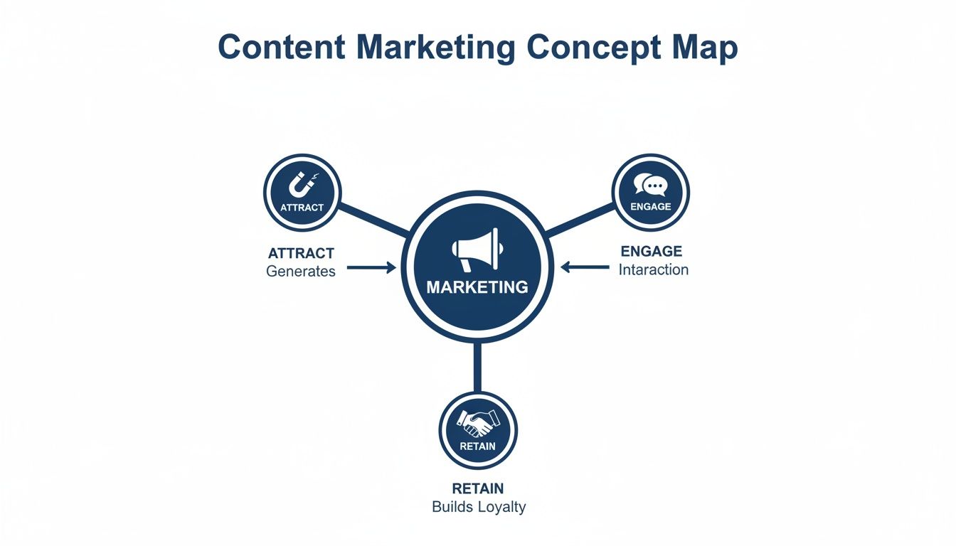 A content marketing concept map showing attract, engage, and retain stages around marketing.