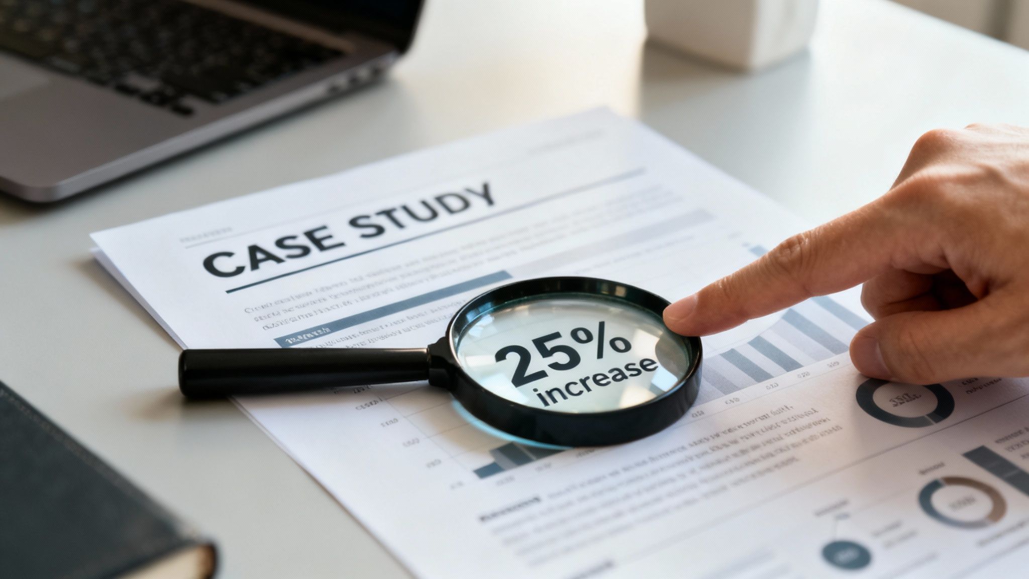 A hand points to a magnifying glass highlighting a '25% increase' on a business case study document.