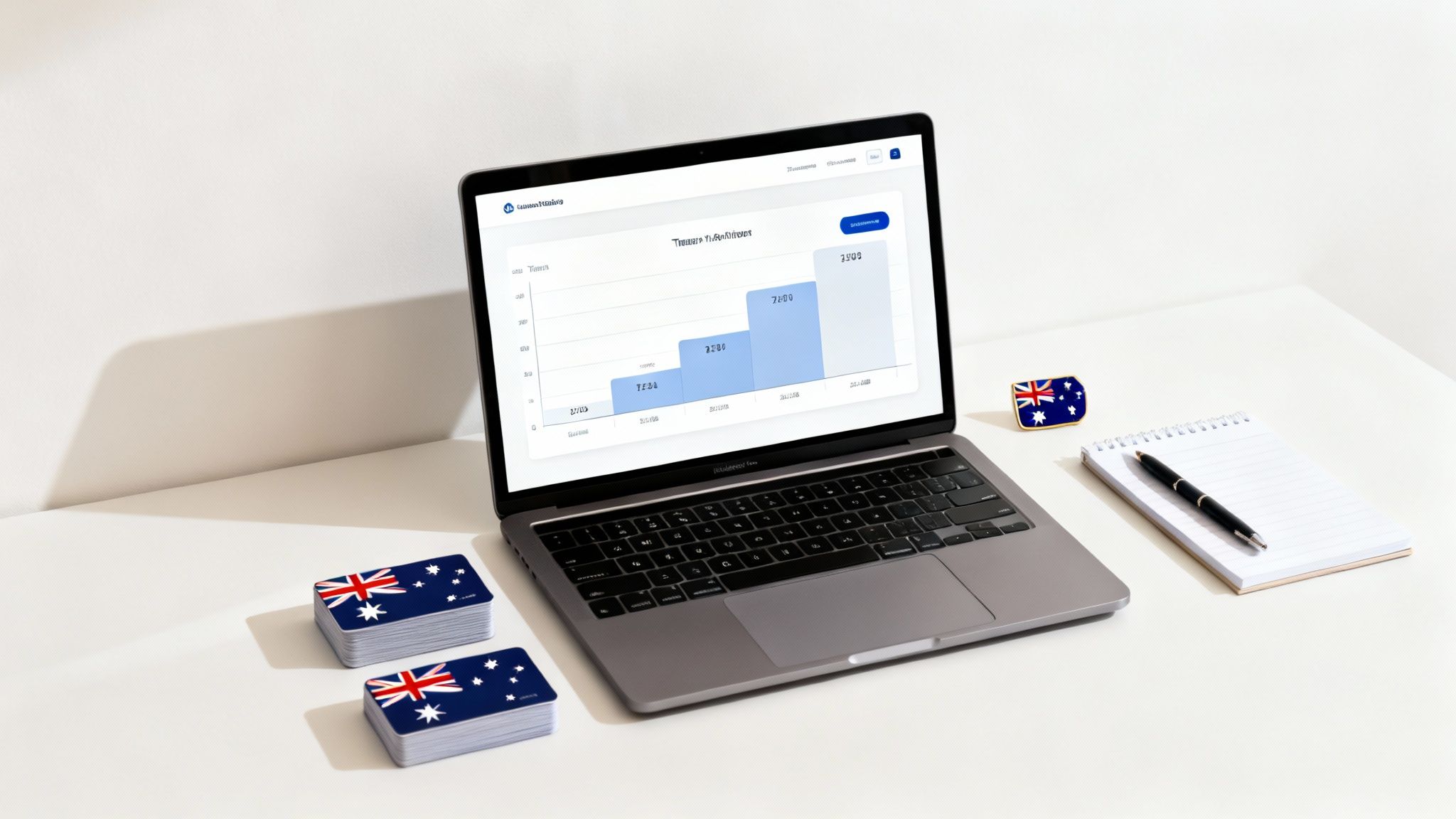 A professional desk setup with a laptop showing a bar chart, Australian flag cards, and a notebook.
