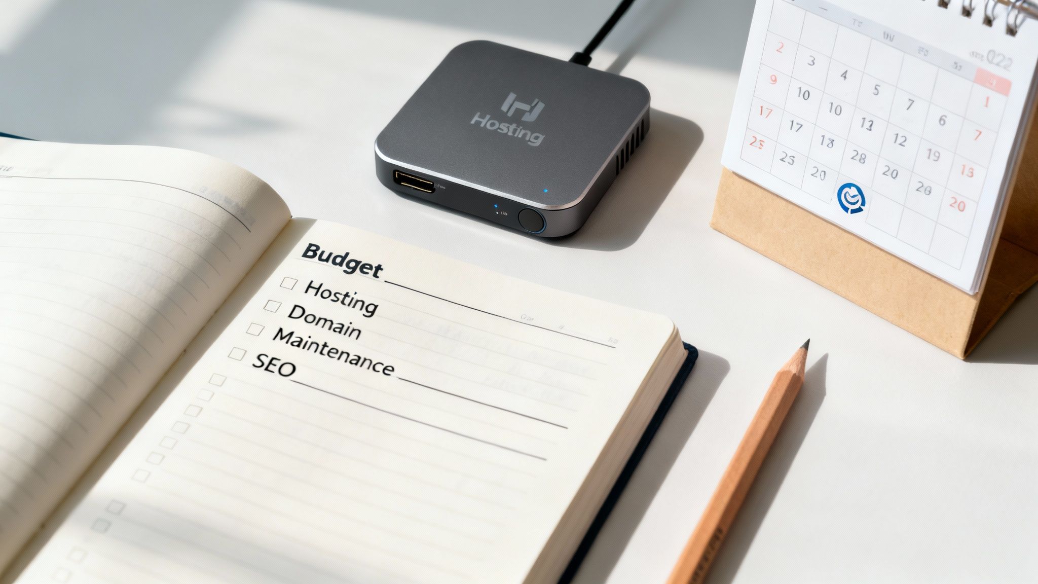 A notebook displays a website budget checklist with hosting and domain, next to a hosting device and calendar.