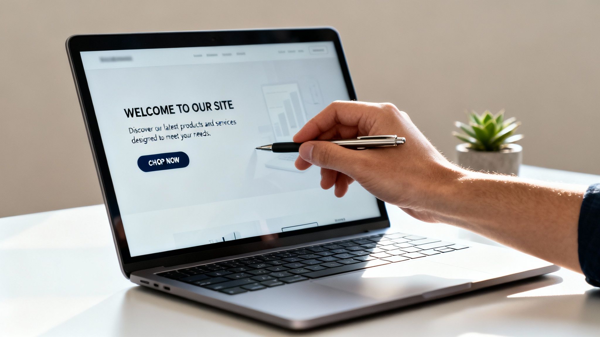 A person's hand with a pen pointing at a laptop screen showing a website's welcome page.