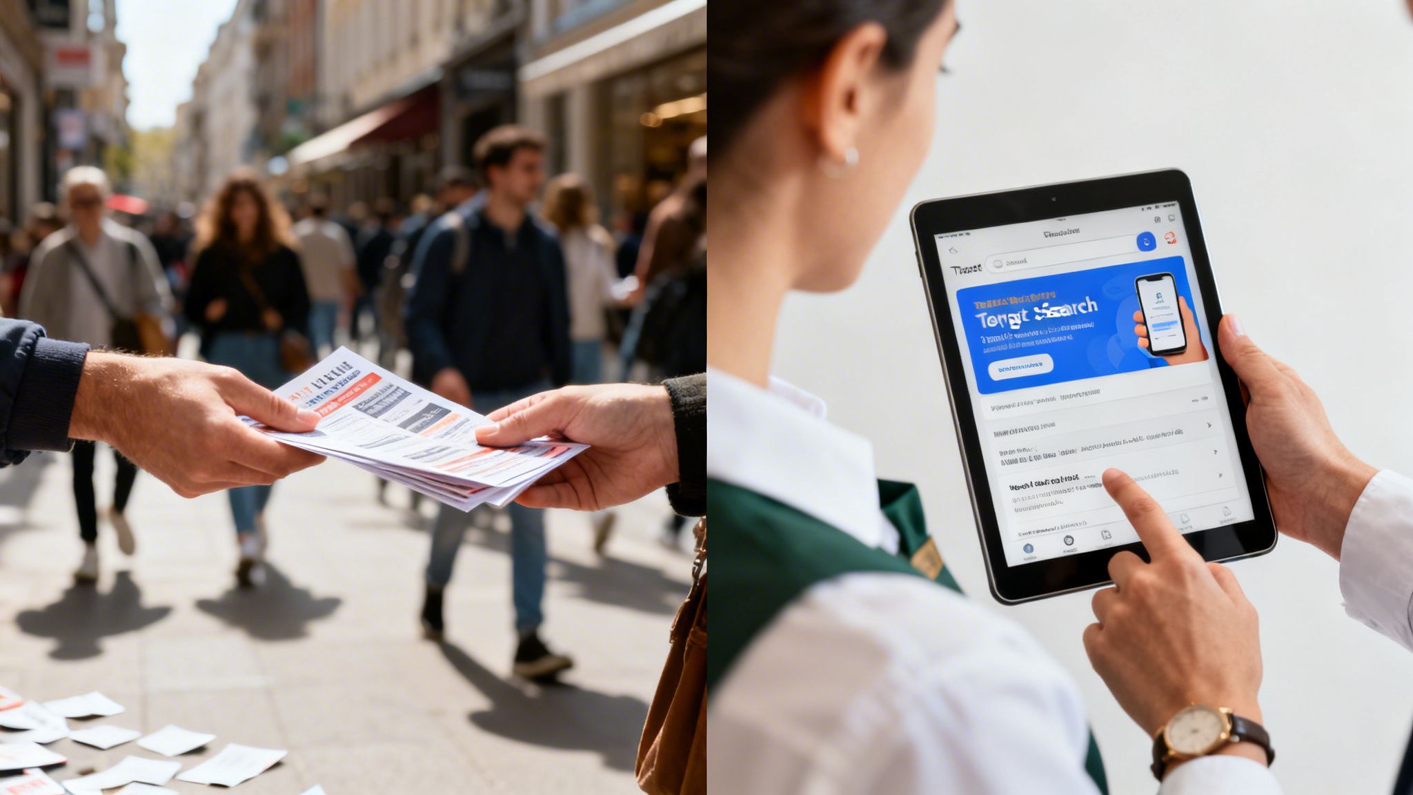 A split image contrasting marketing methods: hands exchanging flyers on a busy street and hands using a tablet displaying 'Target Search'.
