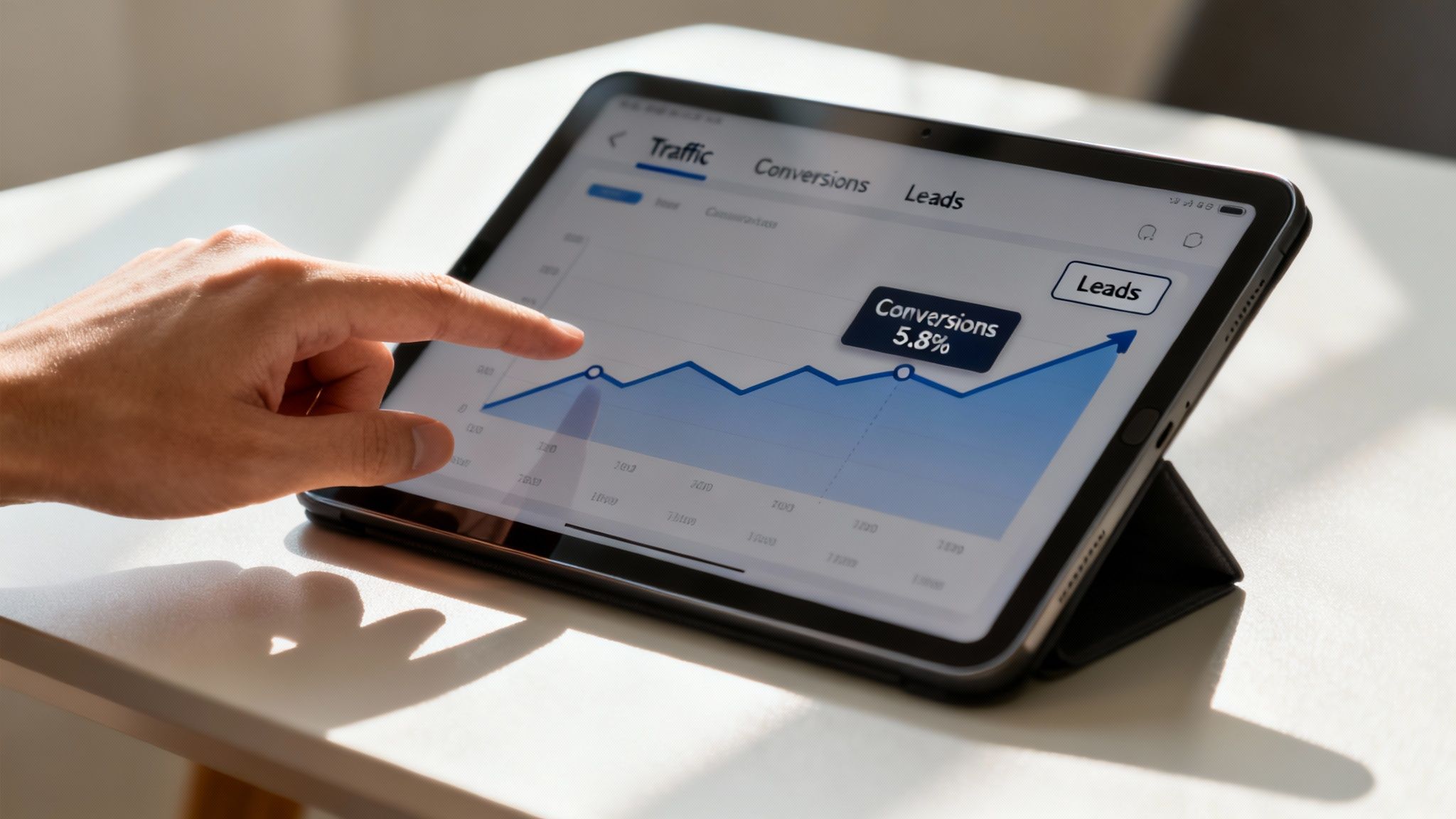 A person's hand interacts with a tablet displaying a marketing analytics graph showing 5.8% conversions and an upward trend.