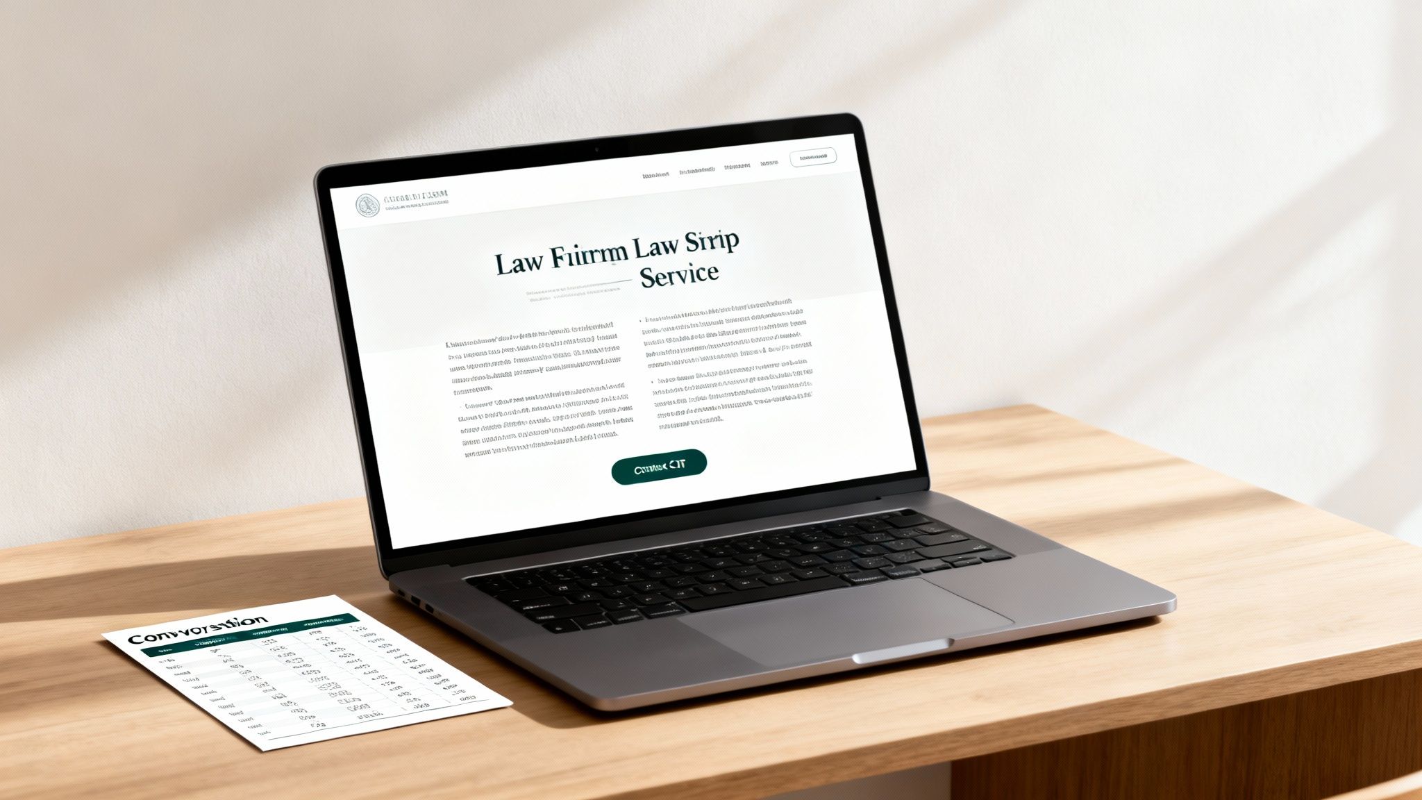 A laptop displaying a law firm website and a document on a wooden desk, showcasing legal services.