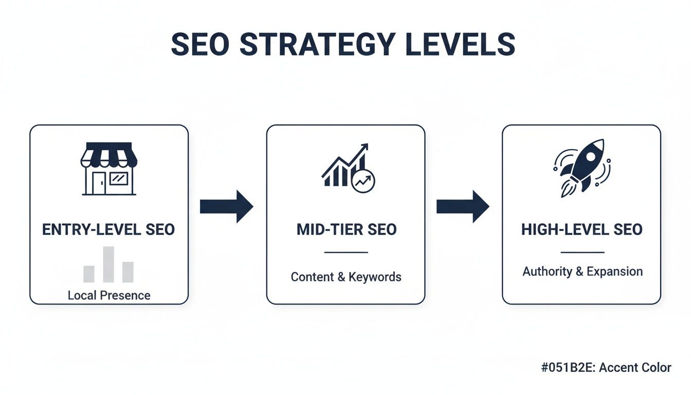 A diagram illustrating SEO strategy levels: Entry-Level, Mid-Tier, and High-Level, with associated keywords.