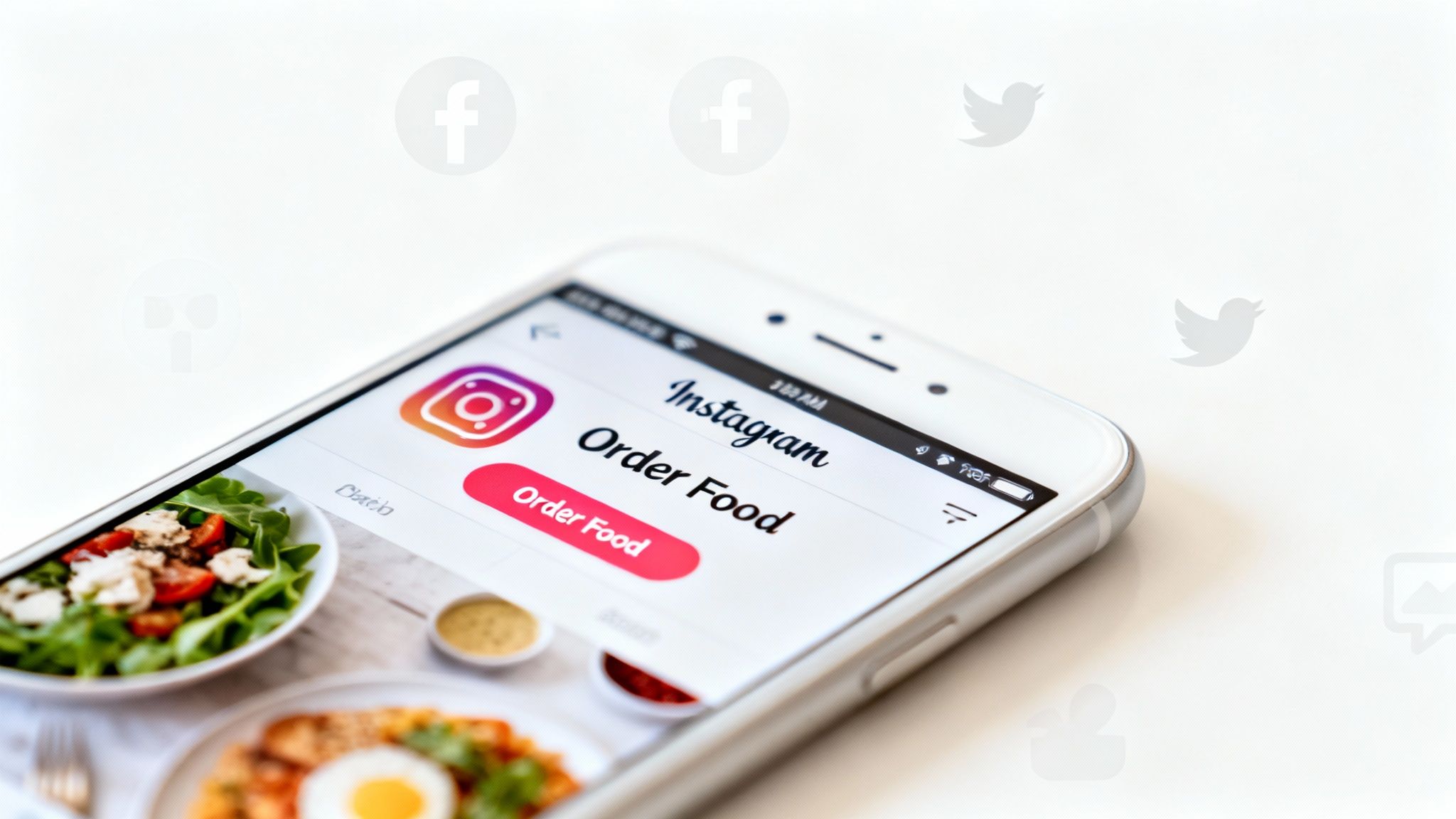 A restaurant owner using a phone to post on social media, with their online ordering link visible.