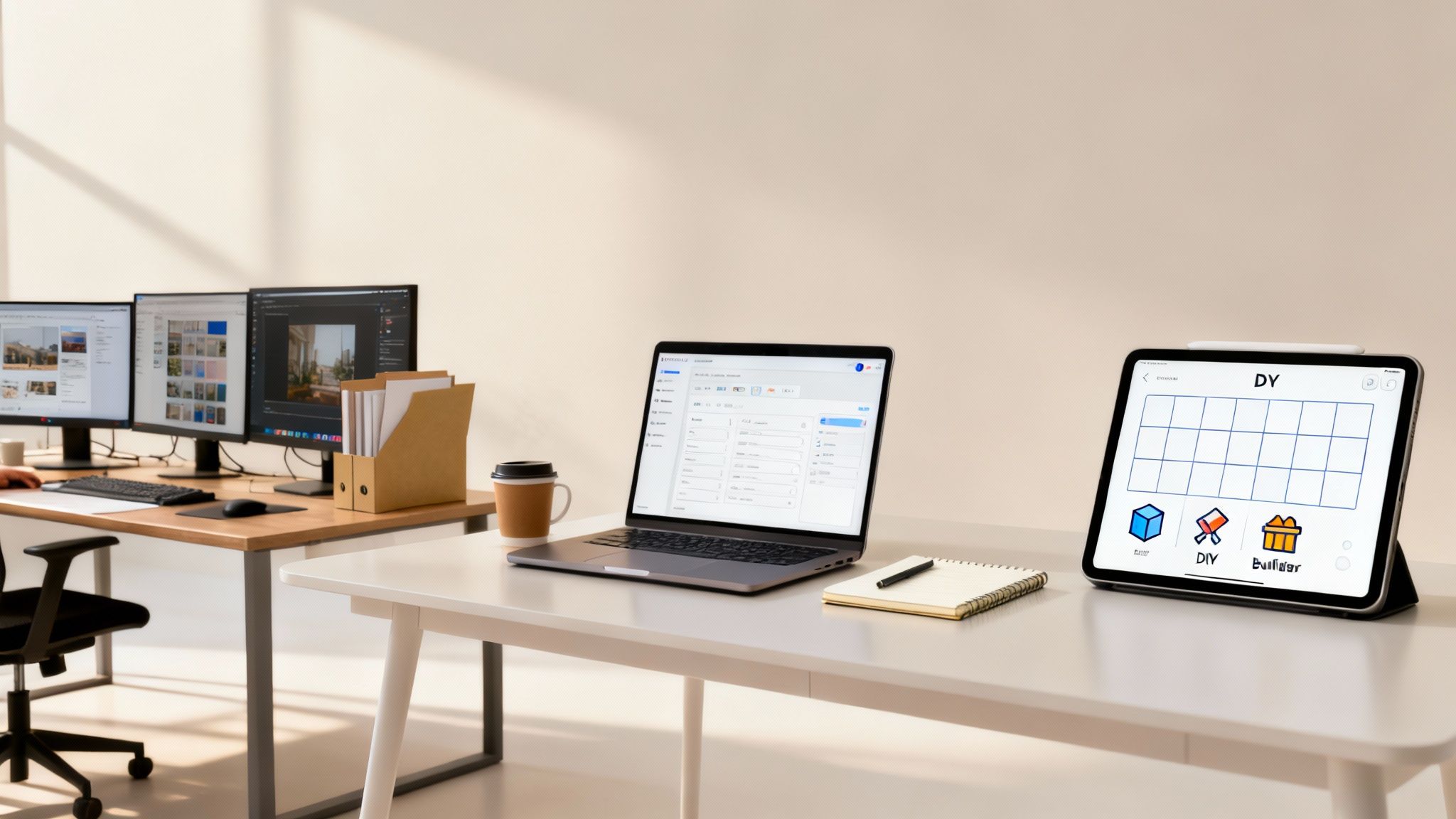 A modern office workspace featuring multiple computer screens, a laptop, and a tablet on two desks.