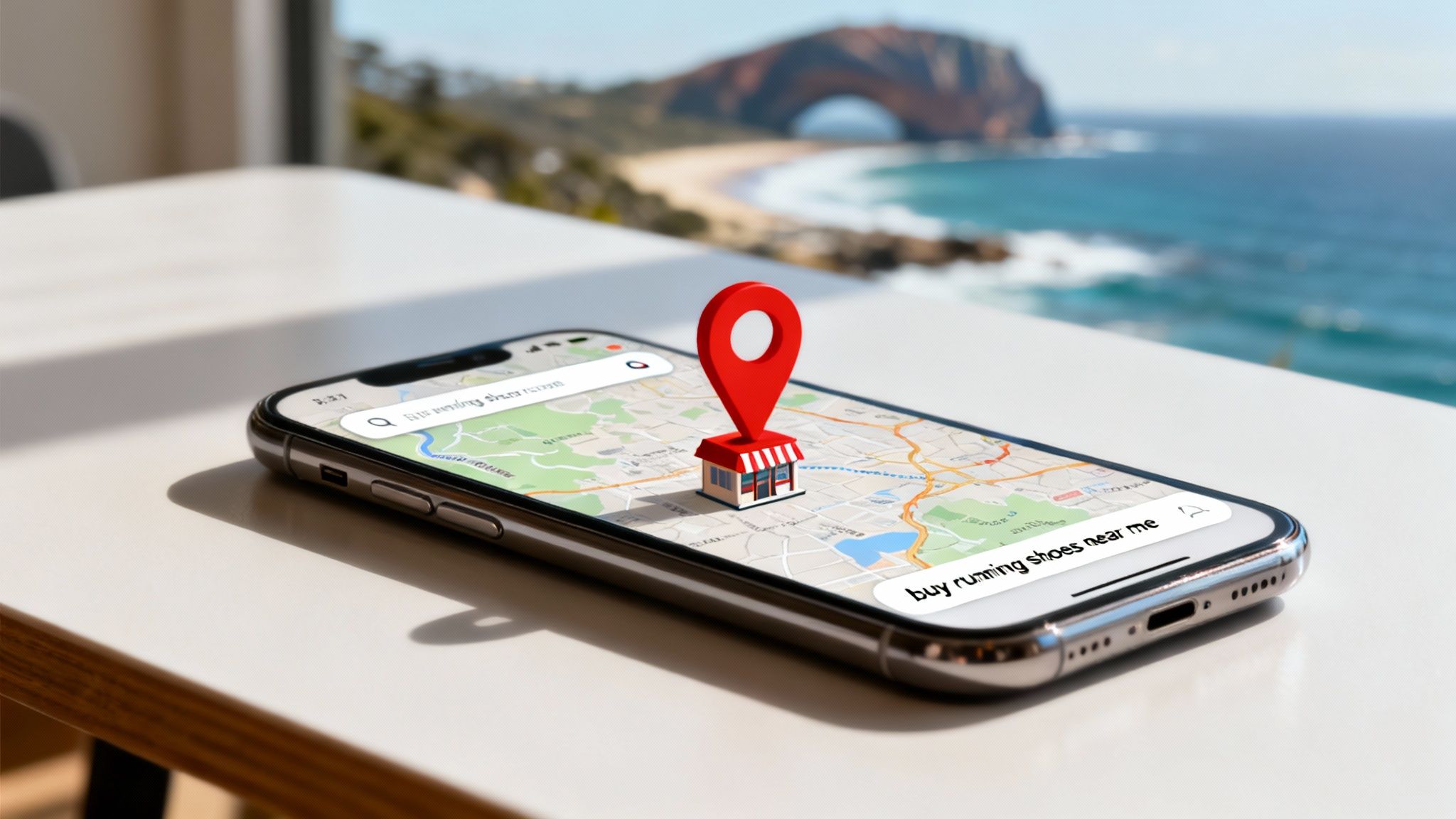 Smartphone displaying a map app with a store location pin and 'buy running shoes near me' search.