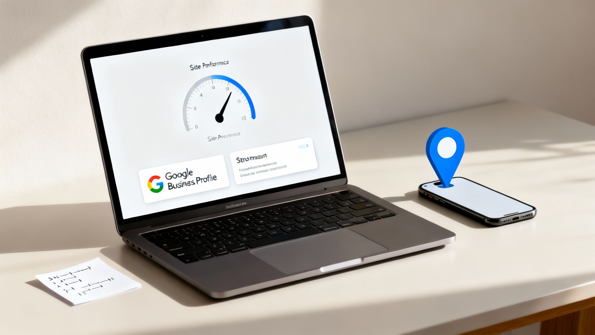 Laptop displays Google Business Profile and site performance, next to a smartphone with a prominent location pin.