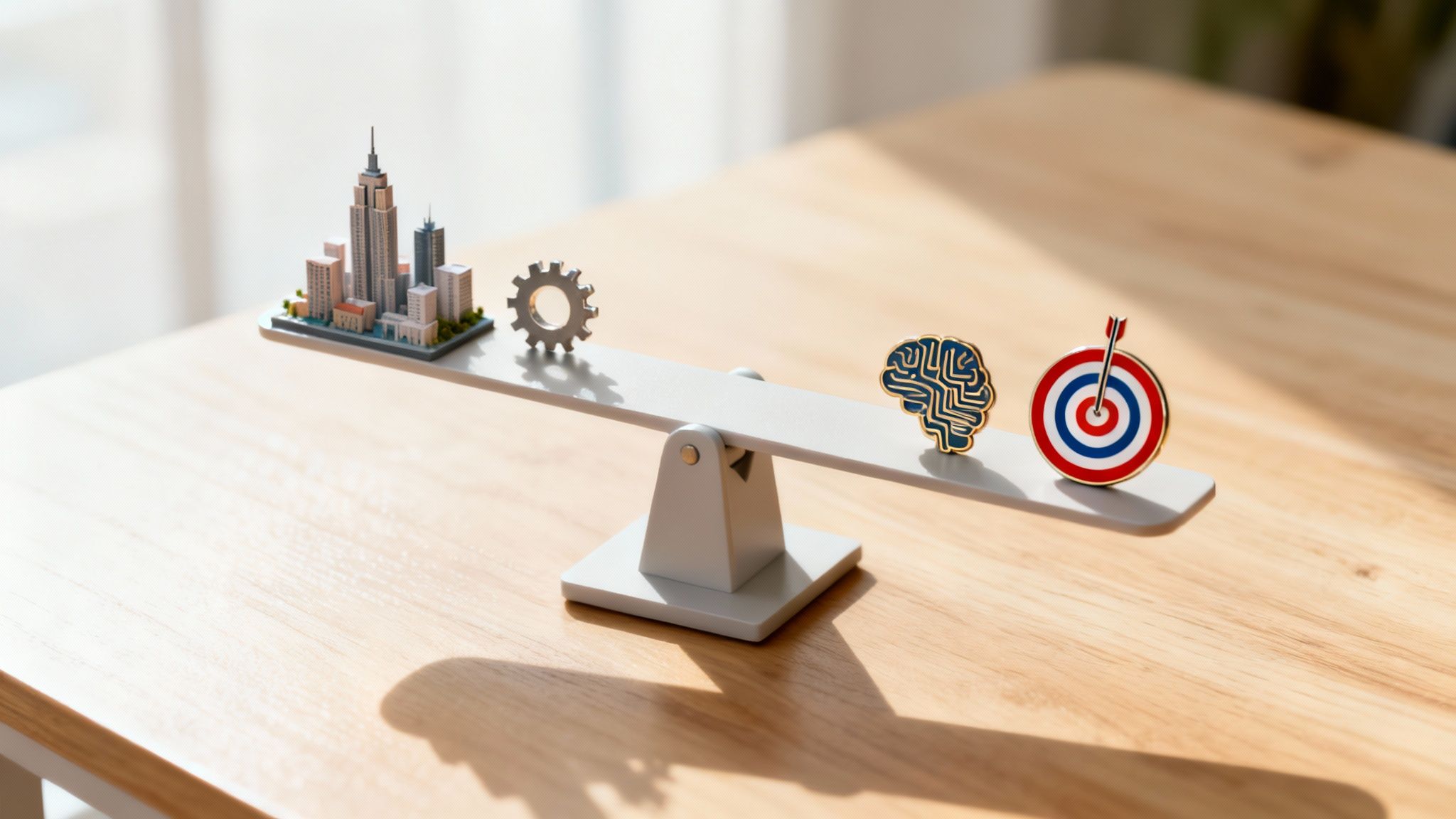 A balanced scale showing city models and a gear on one side, and a brain and target on the other.