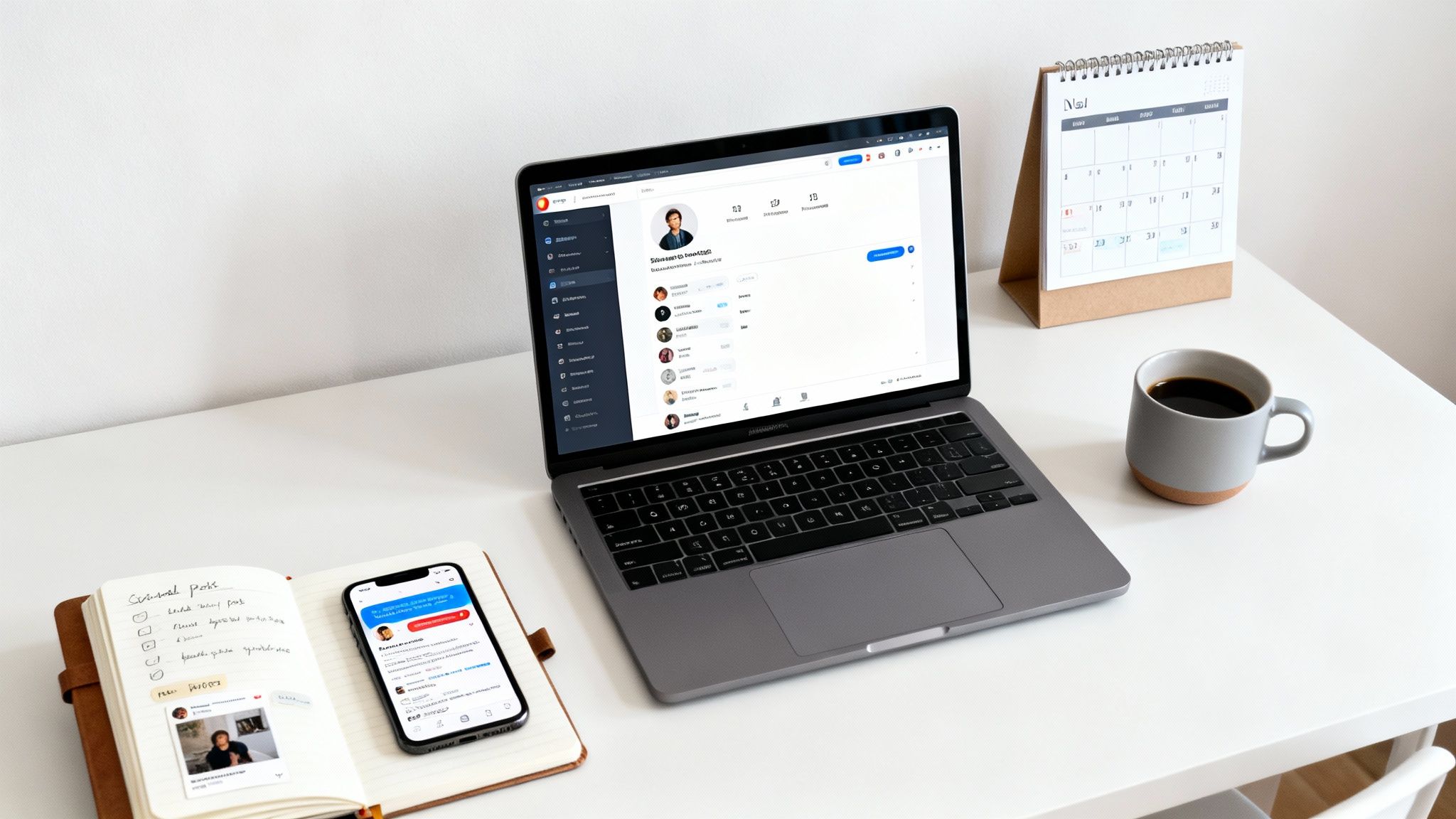 A clean white desk features a laptop, smartphone, notebook, calendar, and coffee mug, ready for work.