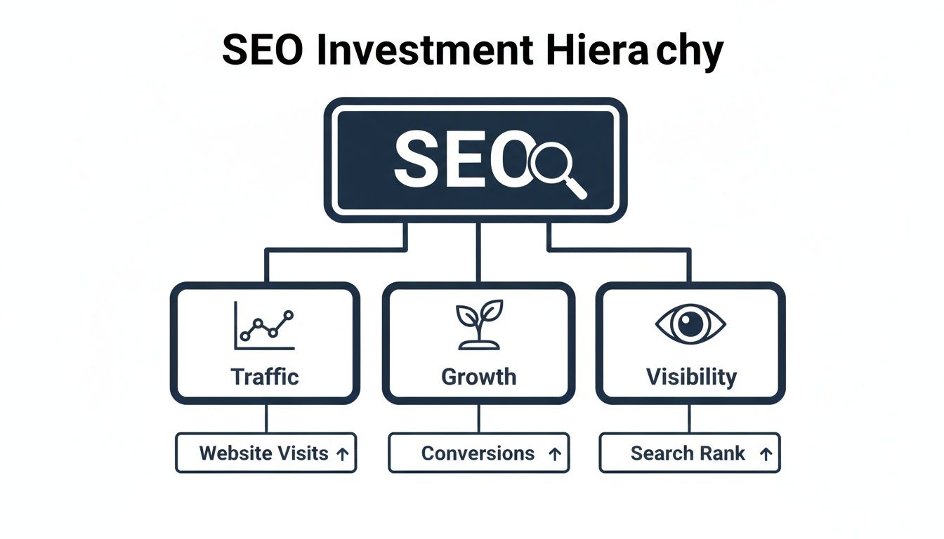 SEO Investment Hierarchy diagram: SEO impacts traffic, growth, and visibility, driving website visits, conversions, and search rank increases.