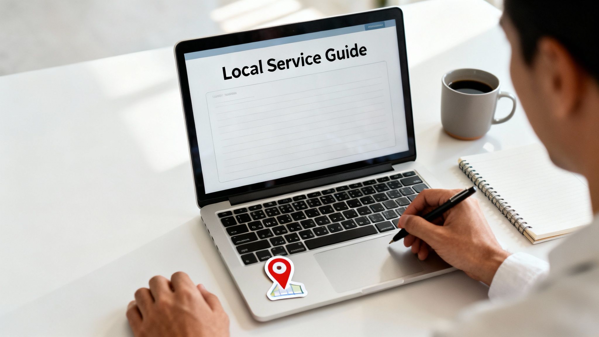 A person works on a laptop displaying 'Local Service Guide' with a map pin icon. Coffee and notebook are nearby.