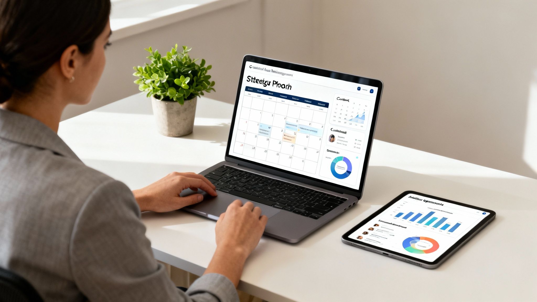 Over-the-shoulder view of a woman using a laptop and tablet for social media management.