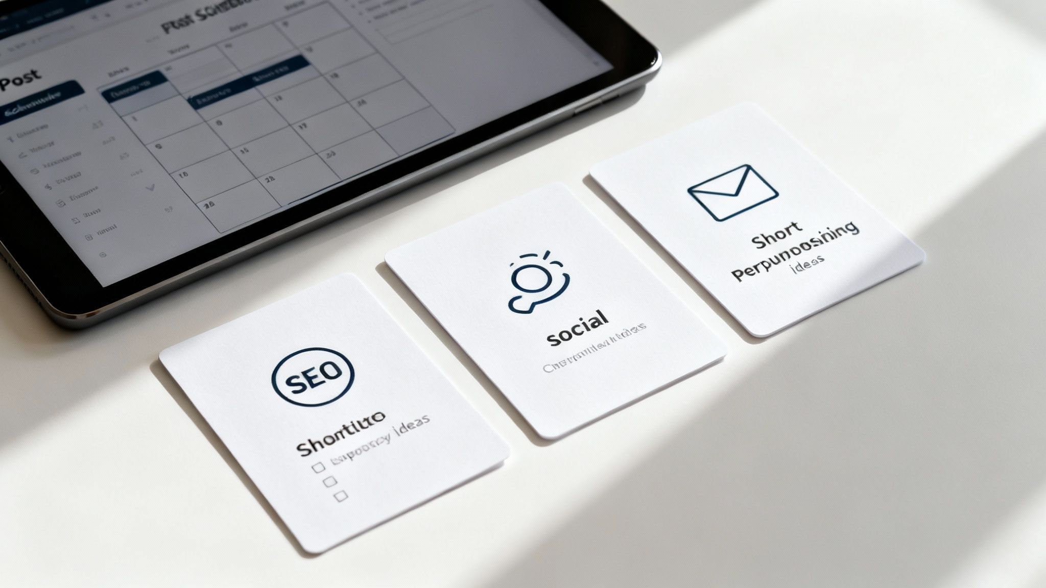 A flat lay shows a tablet displaying a content calendar, next to cards for SEO, social, and content ideas.