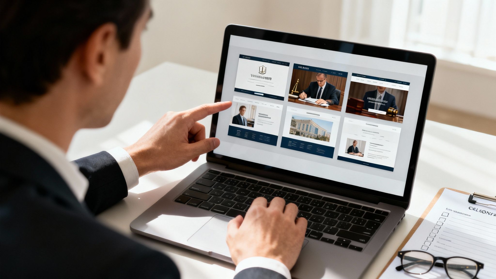 A close-up shot of a person's hands pointing at a tablet screen displaying website analytics and design mockups, indicating a detailed review process.