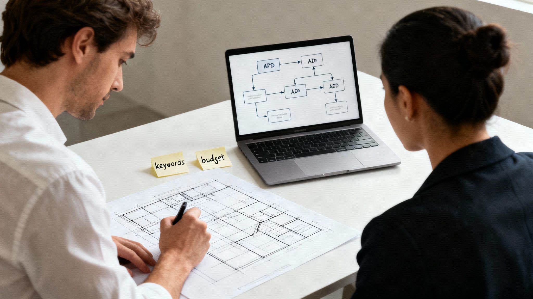 Two people collaborating on a project, with a laptop showing a flowchart and sticky notes for keywords and budget.