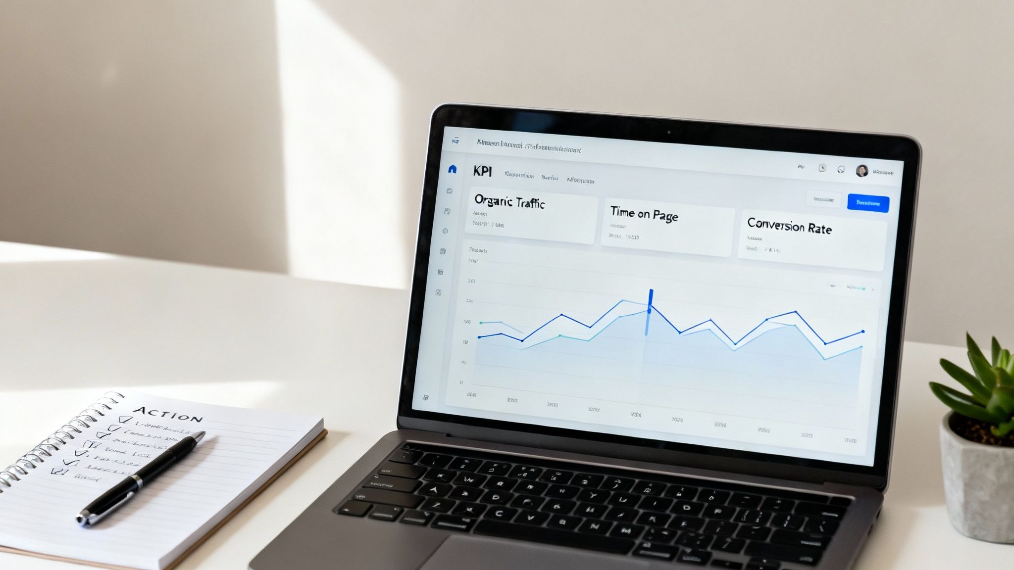 Laptop showing a digital marketing dashboard with traffic and conversion rate graphs, an 'ACTION' checklist notebook and pen.