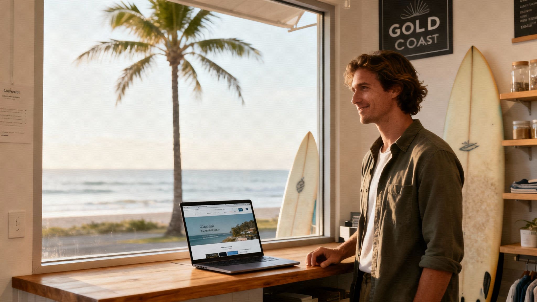 A modern office setting with a team collaborating on web design on a large screen, reflecting the Gold Coast skyline.