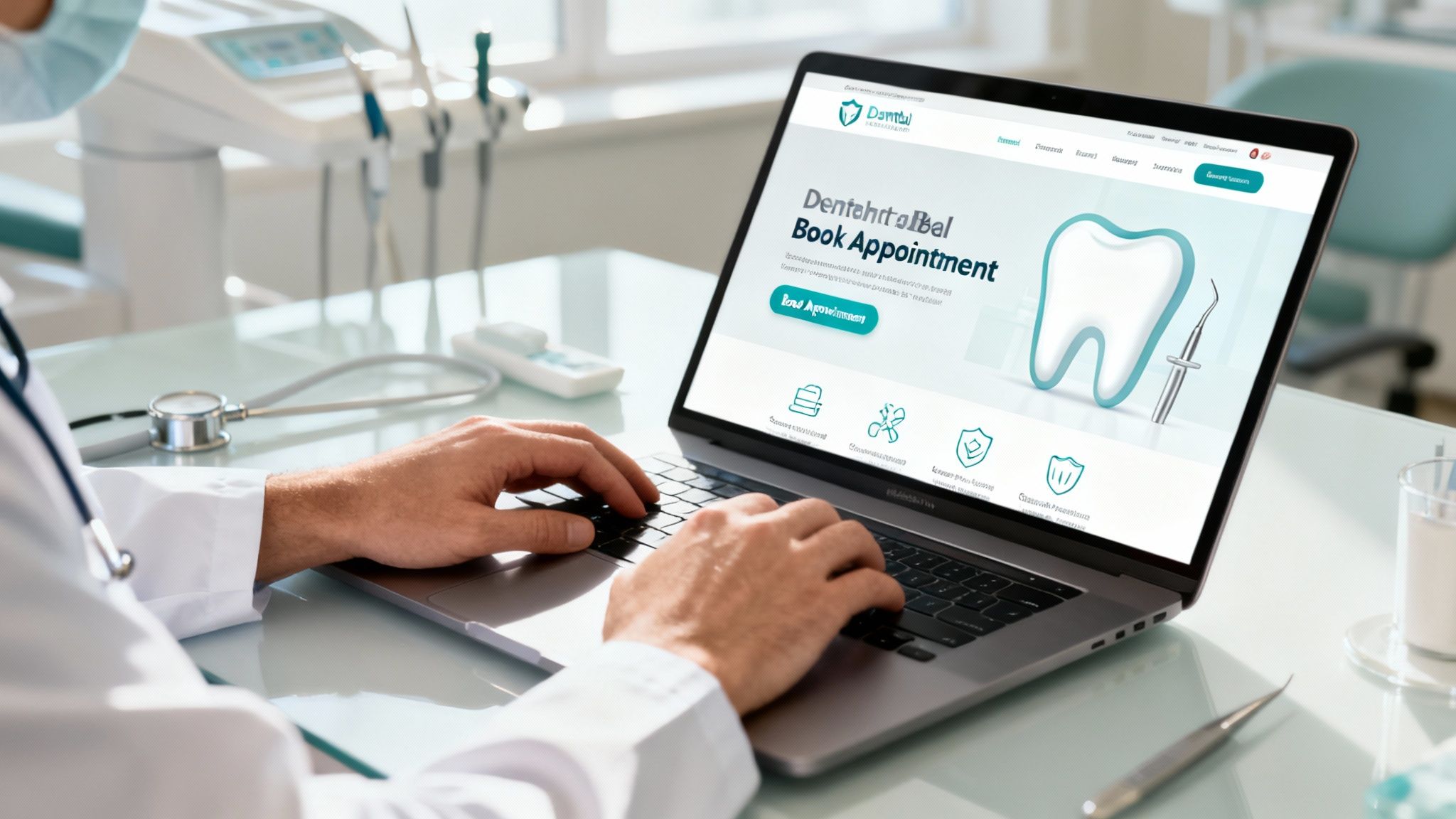 A dentist types on a laptop displaying a dental appointment booking website in a clinic setting.