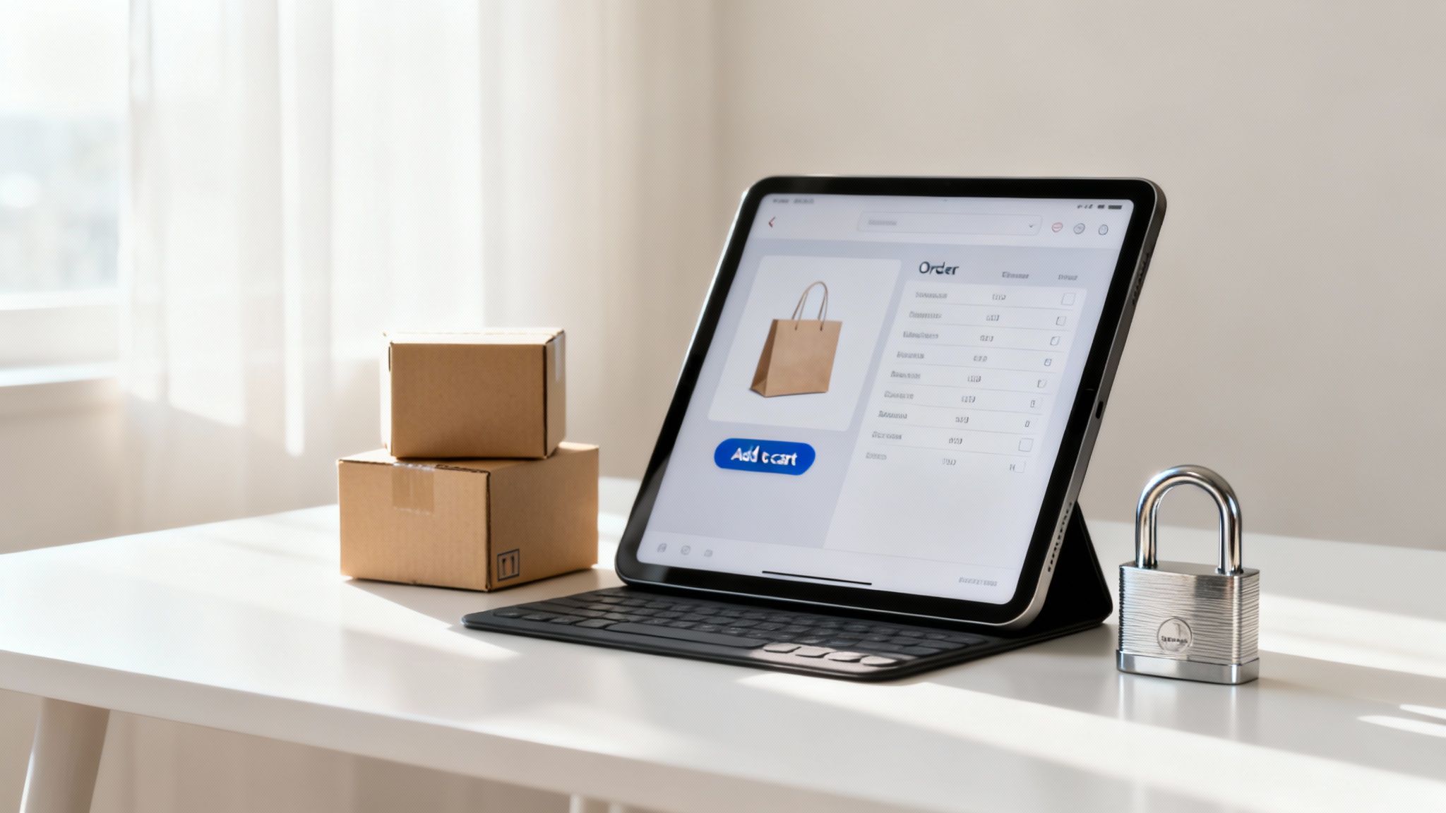Tablet displaying an online order screen with a shopping bag, two boxes, and a padlock.