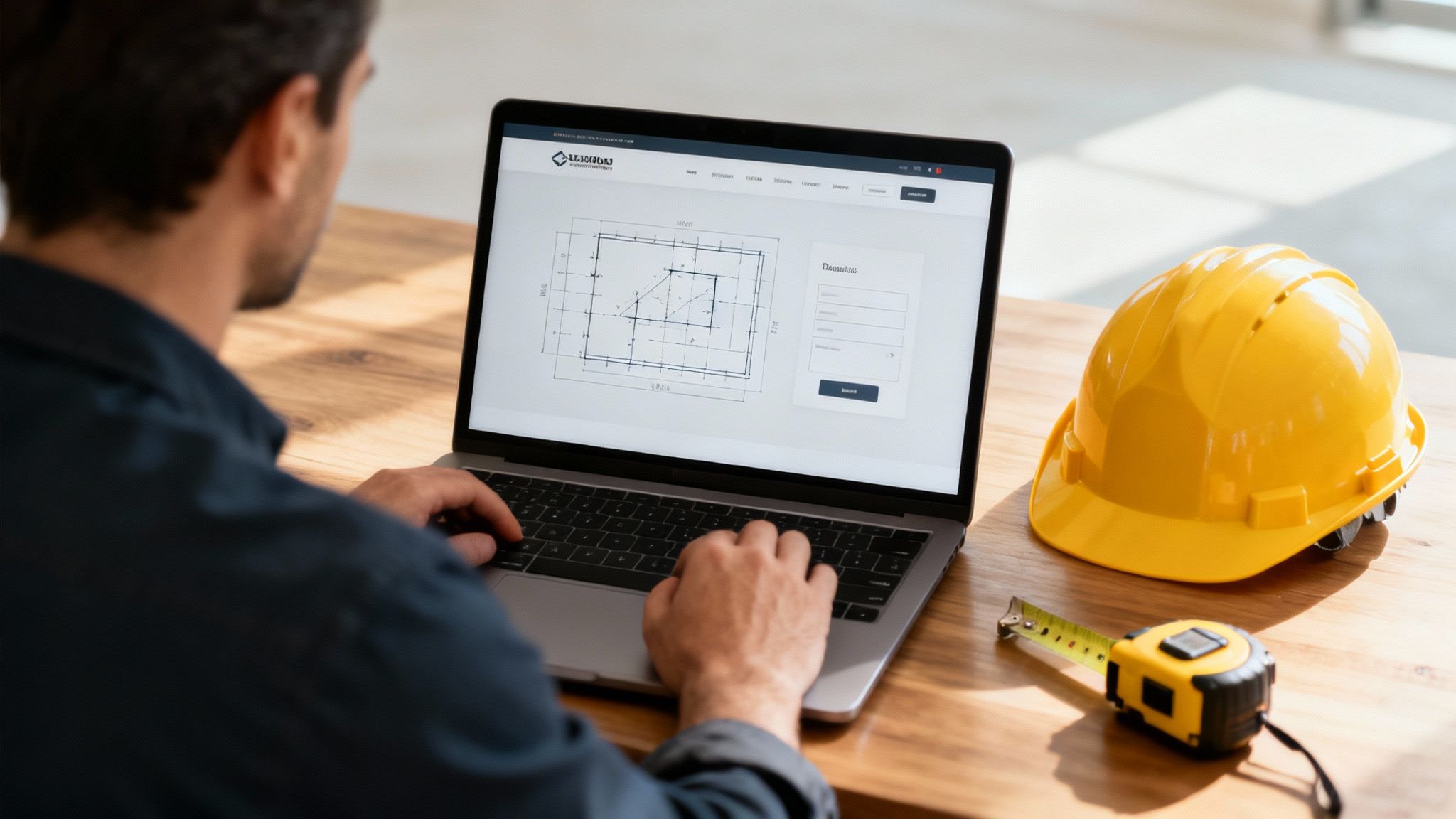 A construction worker reviewing blueprints on a digital tablet at a building site.