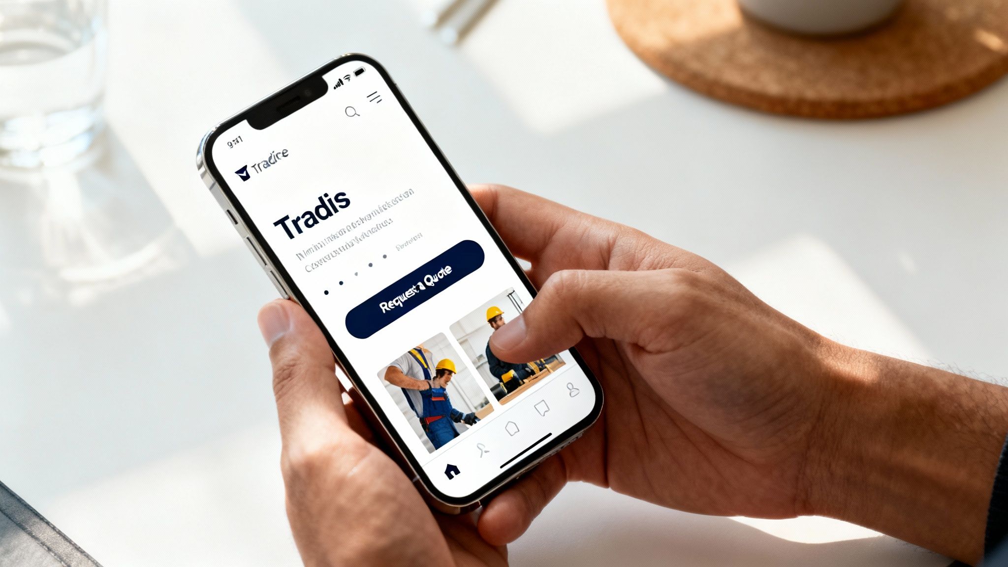 A person's hands holding a smartphone displaying the 'Tradis' website with construction worker images.