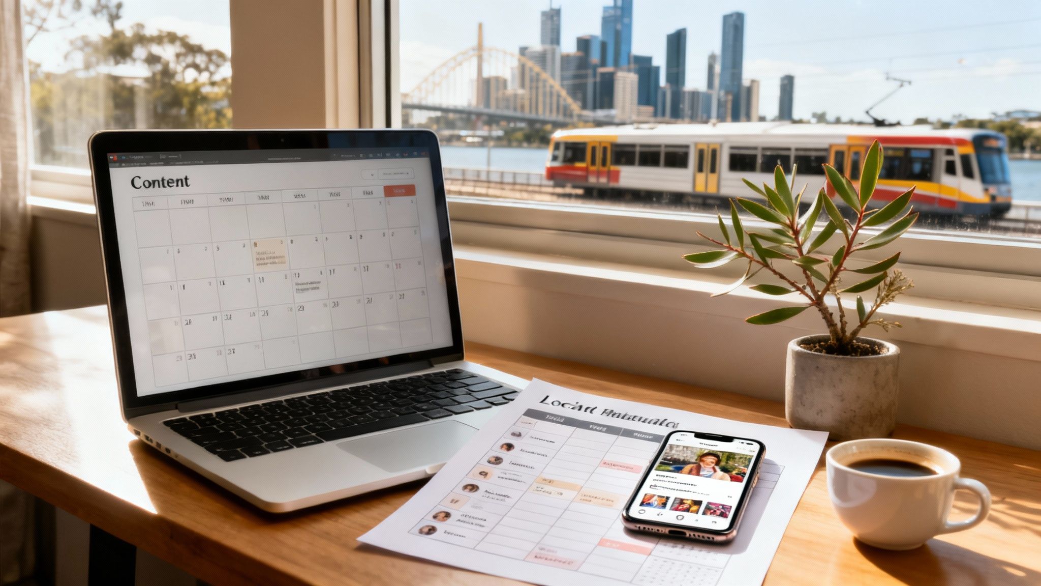 Desk setup with laptop, phone, coffee, and plant, against a city view with a passing train.